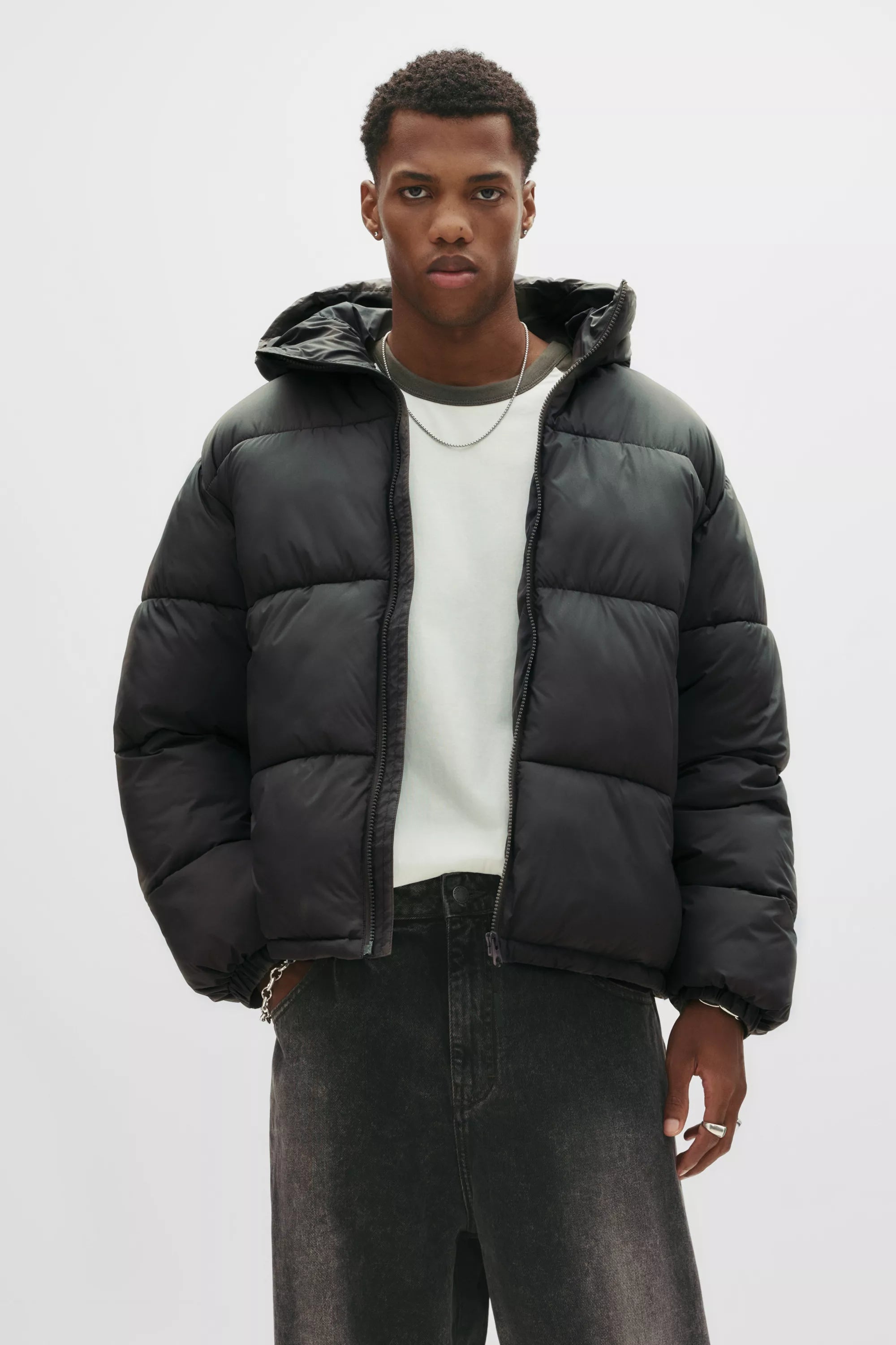 Jaqueta Puffer Blend com Capuz - Cinza escuro