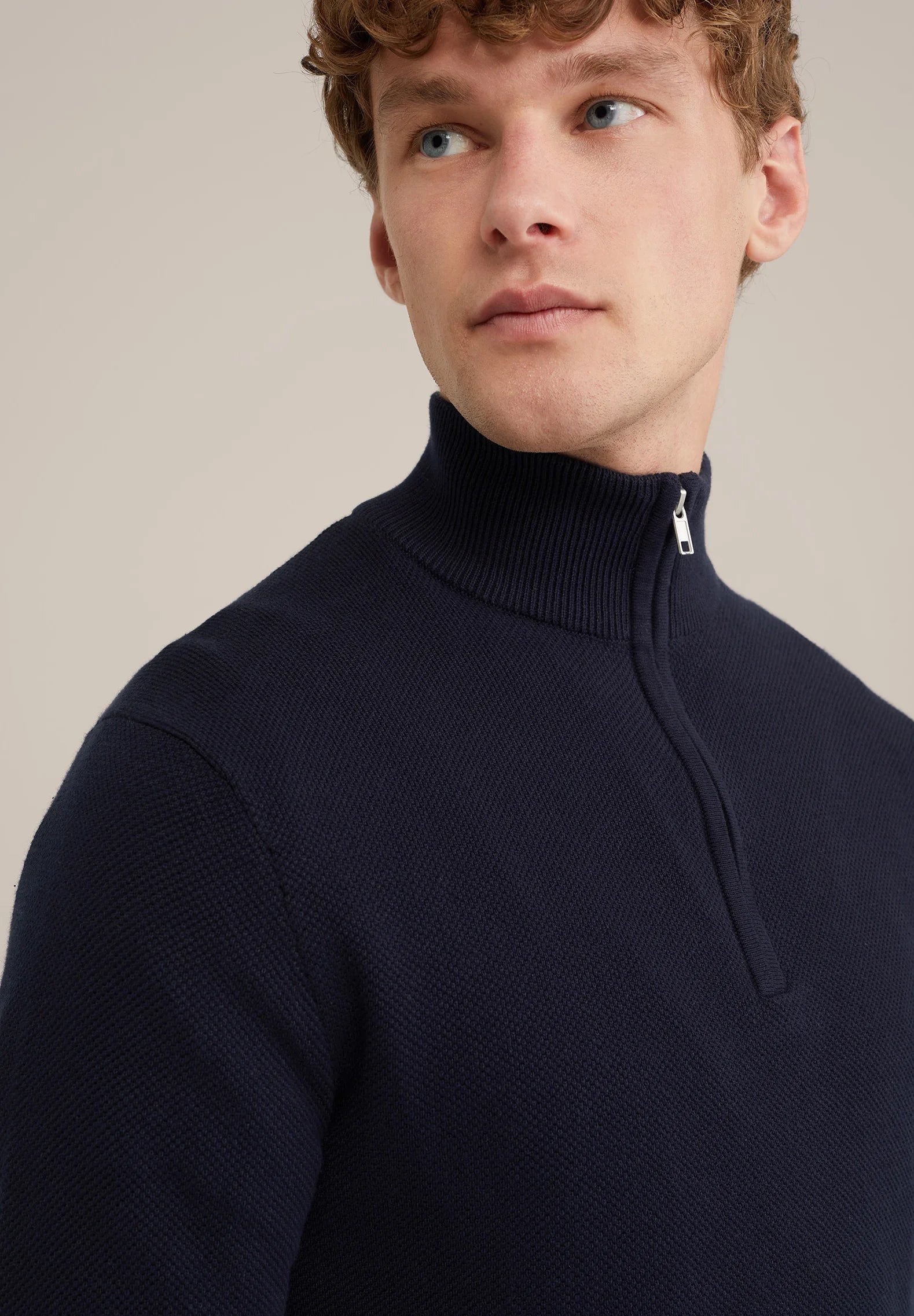 Suéter Masculino em Algodão com Gola Troyer e Zíper - Azul marinho