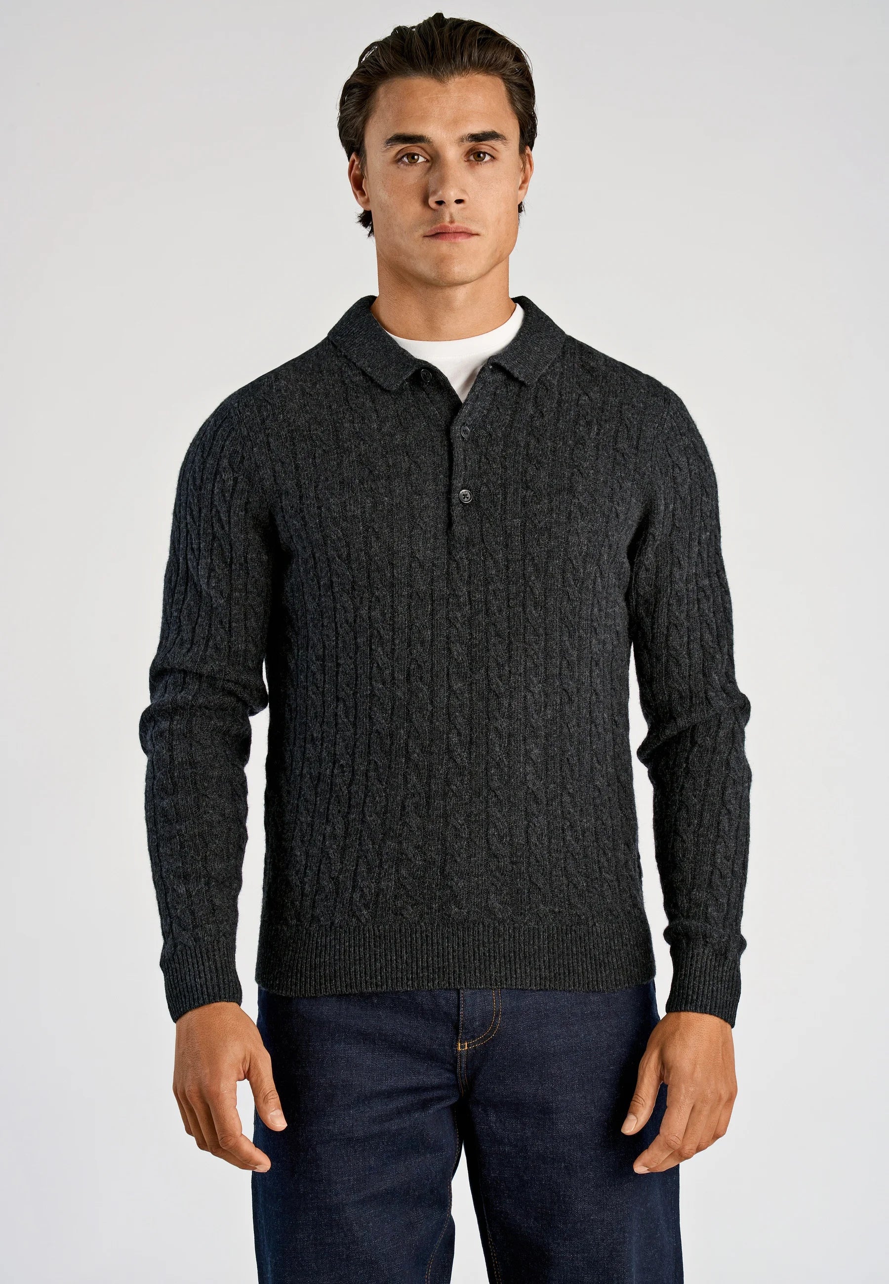 Camiseta Polo Masculina Tricotada Manga Longa - Preto