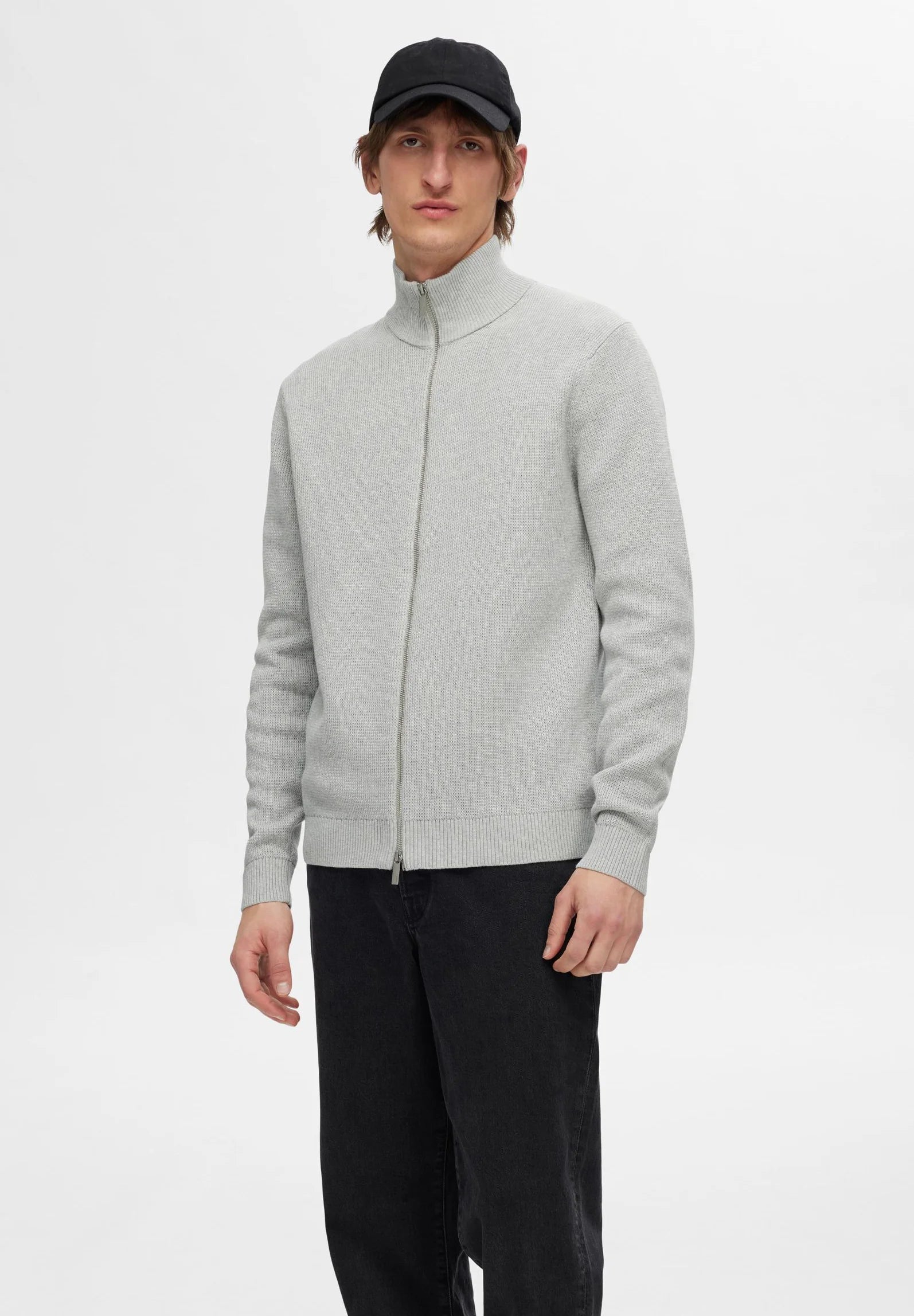 Cardigan Comfort com Gola Alta e Zíper - Cinza