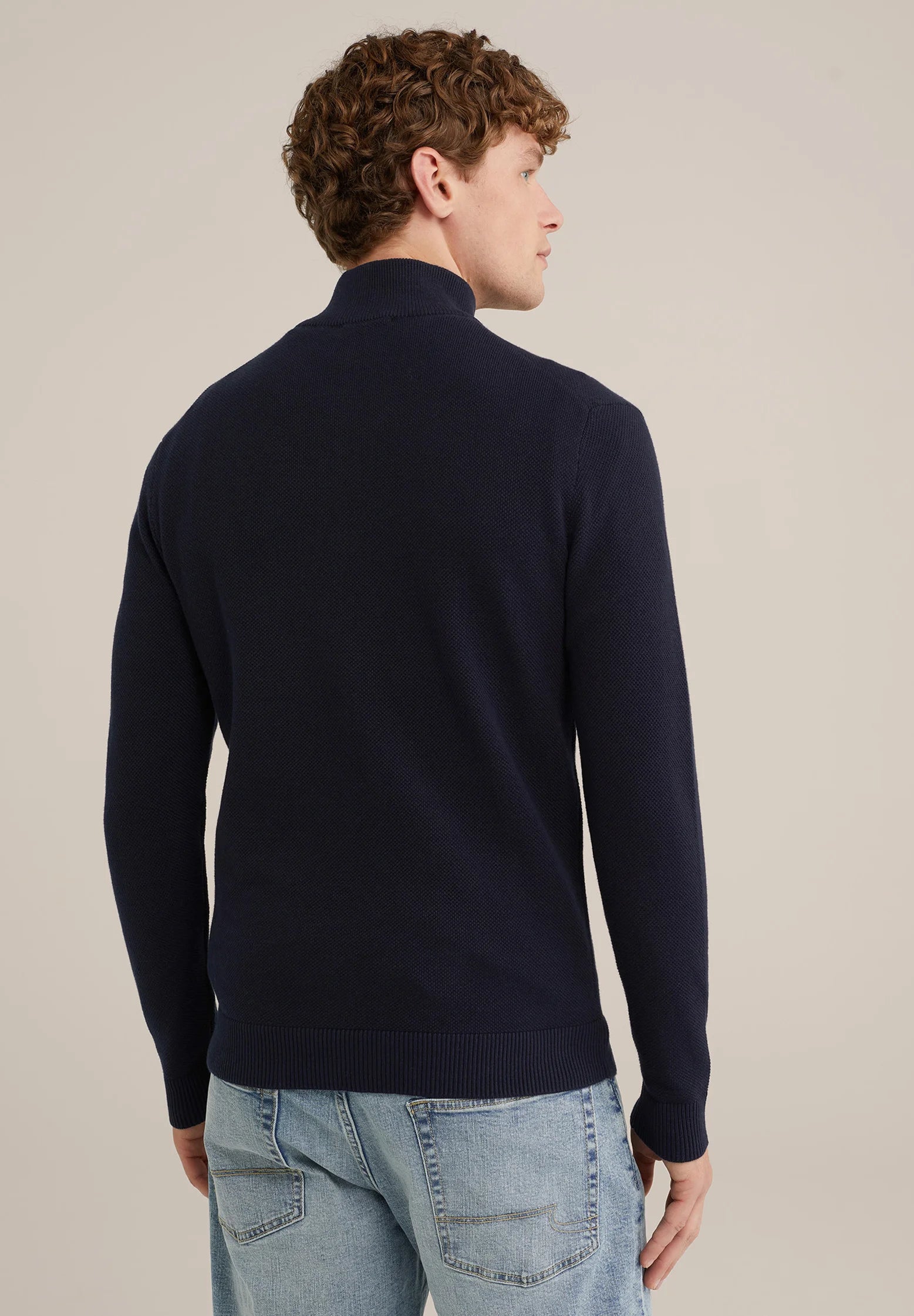 Suéter Masculino em Algodão com Gola Troyer e Zíper - Azul marinho