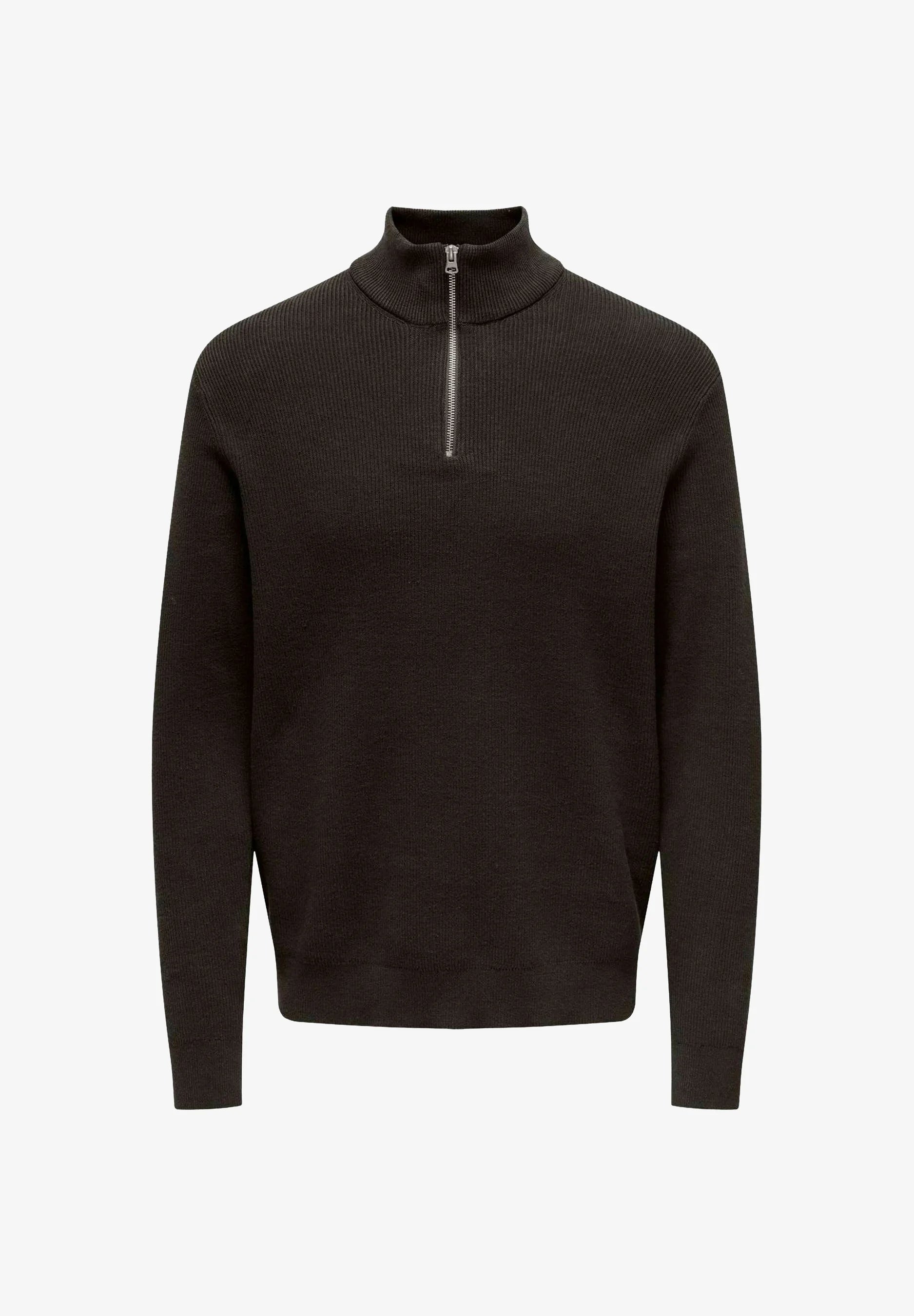 Suéter Comfort Texturizada com Gola Alta e Zíper - Café