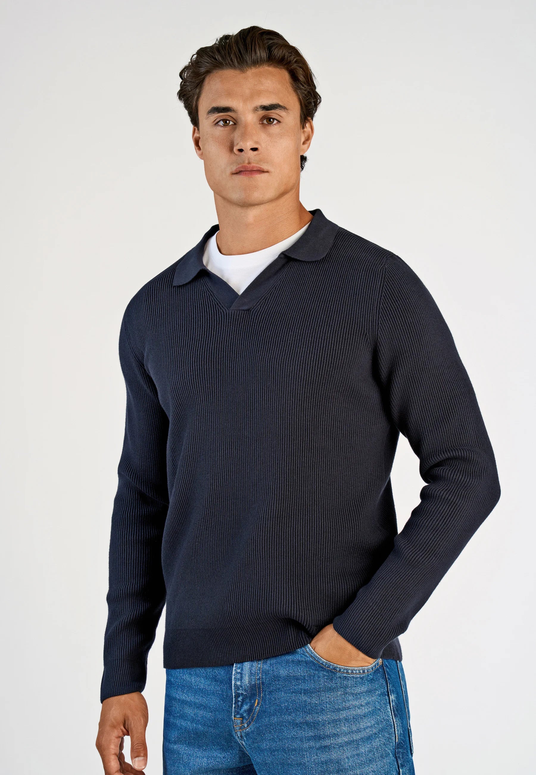 Camiseta Polo Masculina Texturizada Manga Longa - Azul marinho