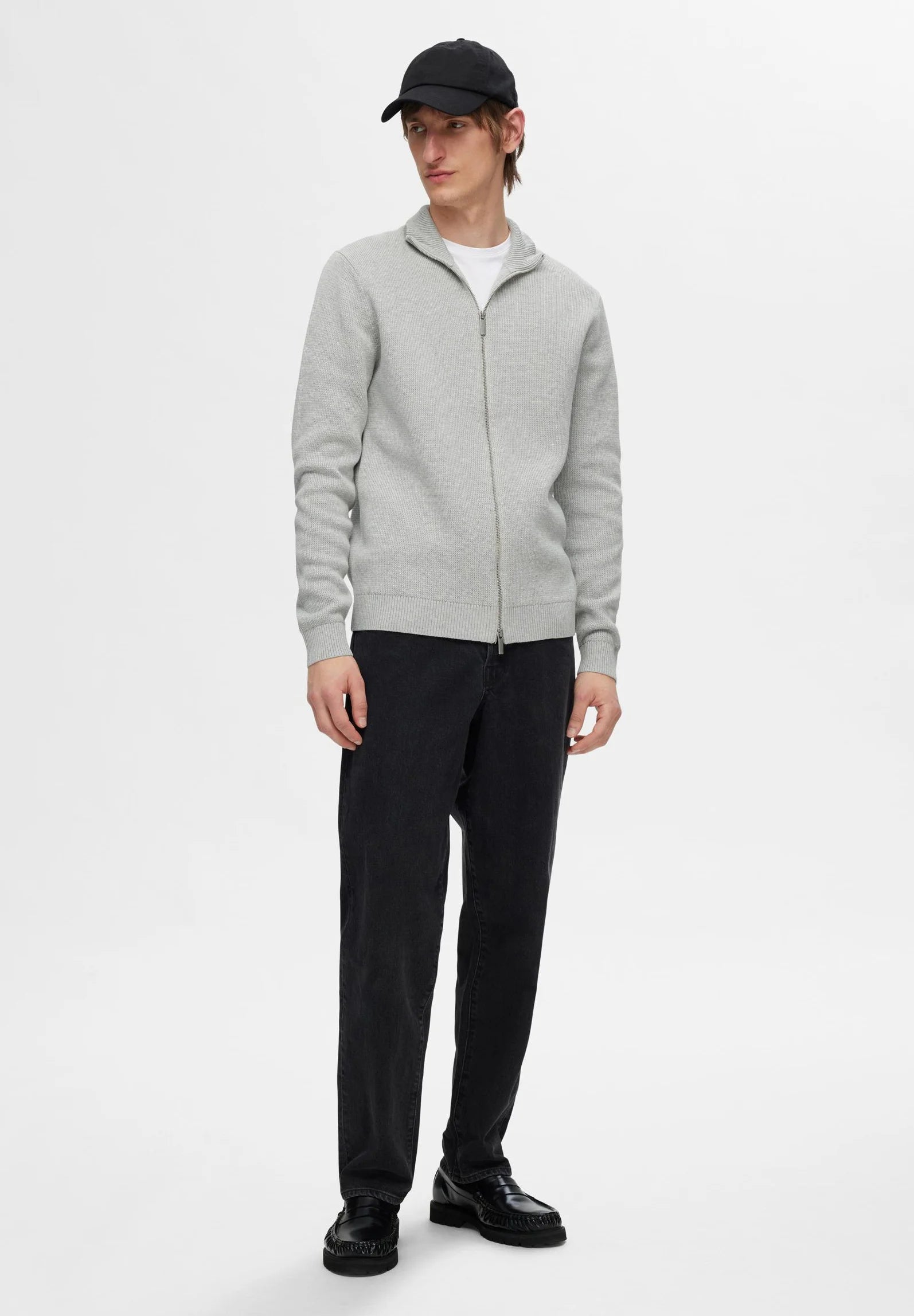 Cardigan Comfort com Gola Alta e Zíper - Cinza