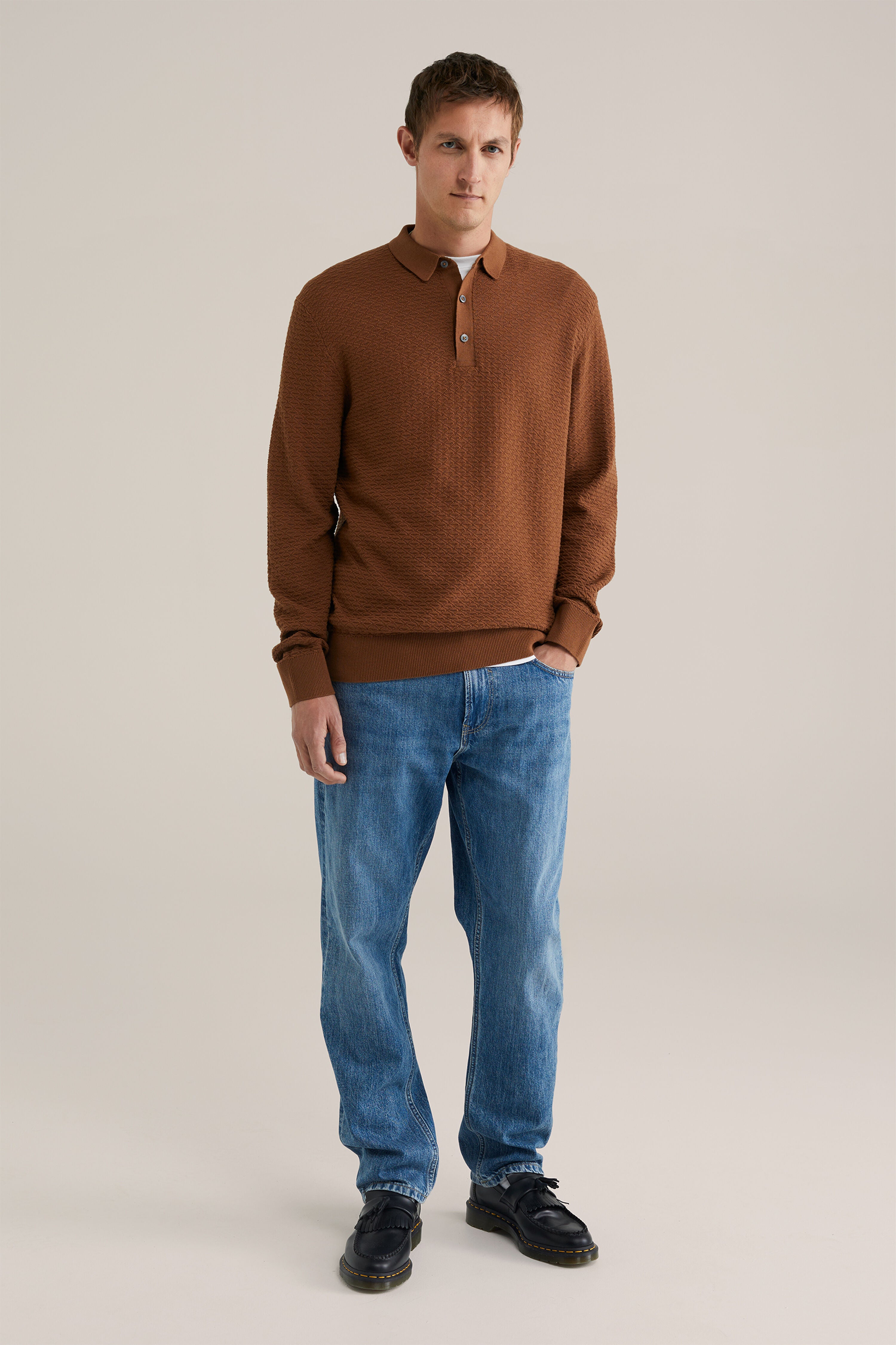 Camisa Polo de Malha Texturizada - Marrom