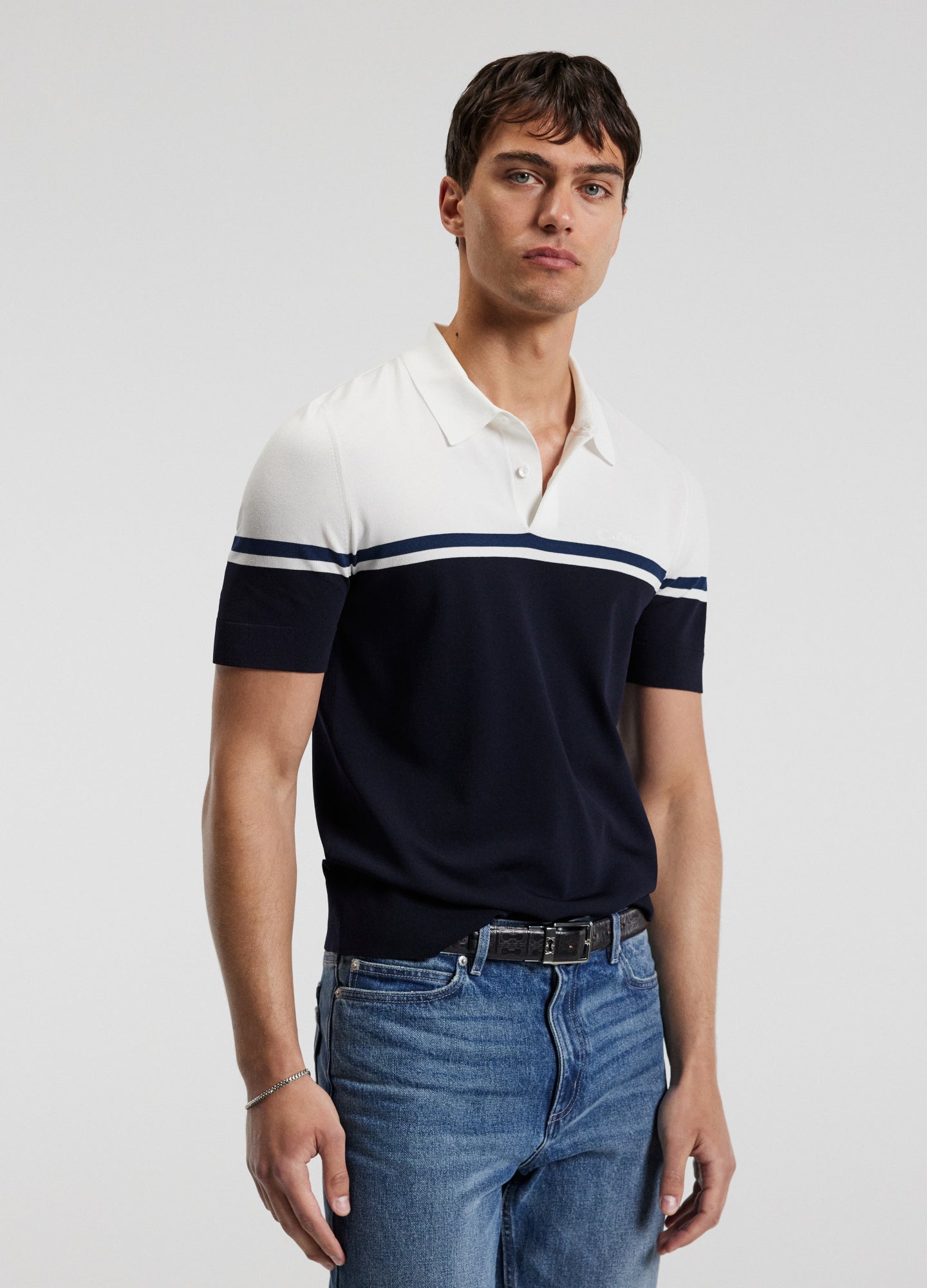 Camisa Polo em Algodão Listrado - Azul Marinho