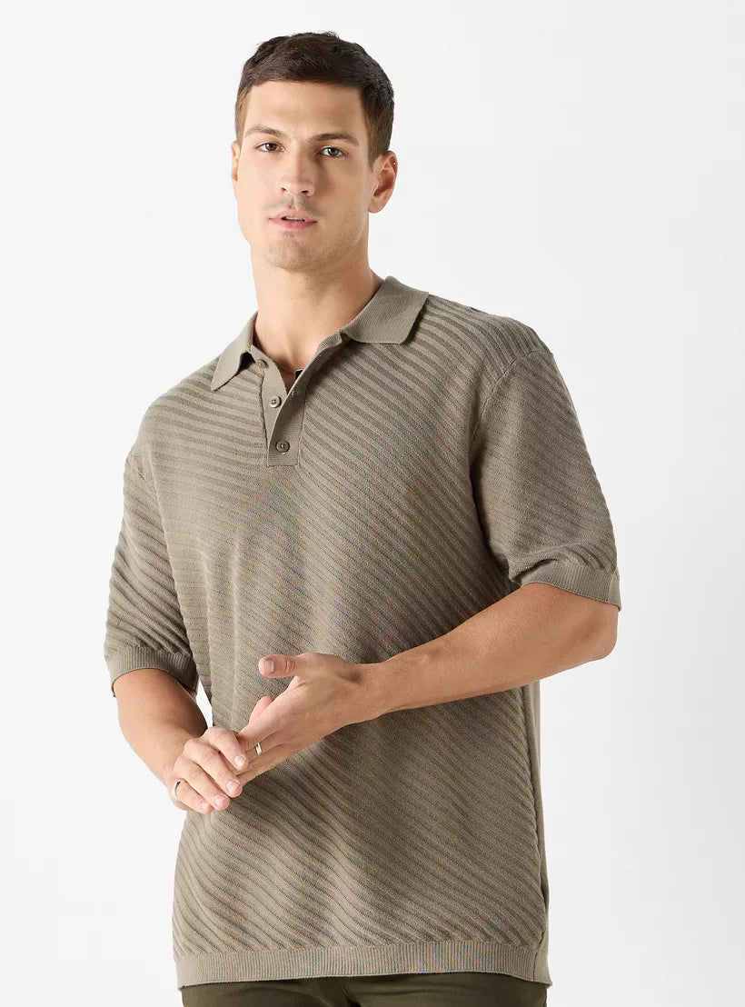Camiseta Polo Texturizada Listrada - Marrom