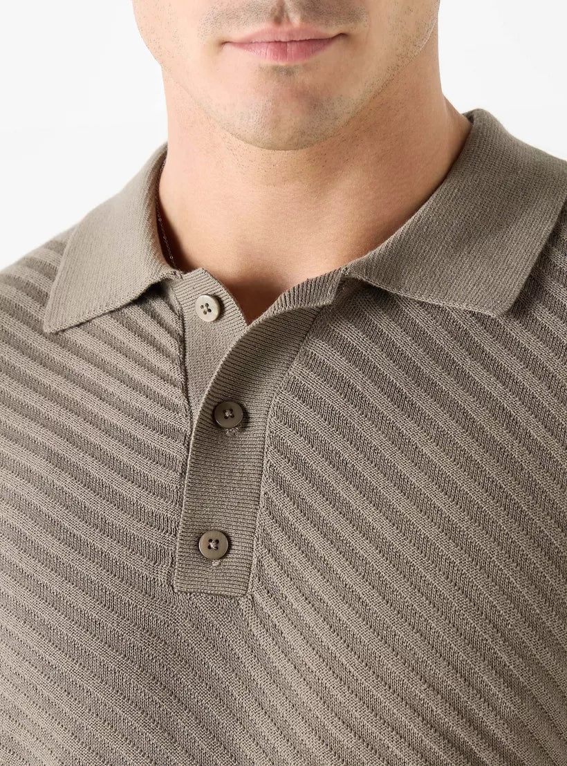 Camiseta Polo Texturizada Listrada - Marrom
