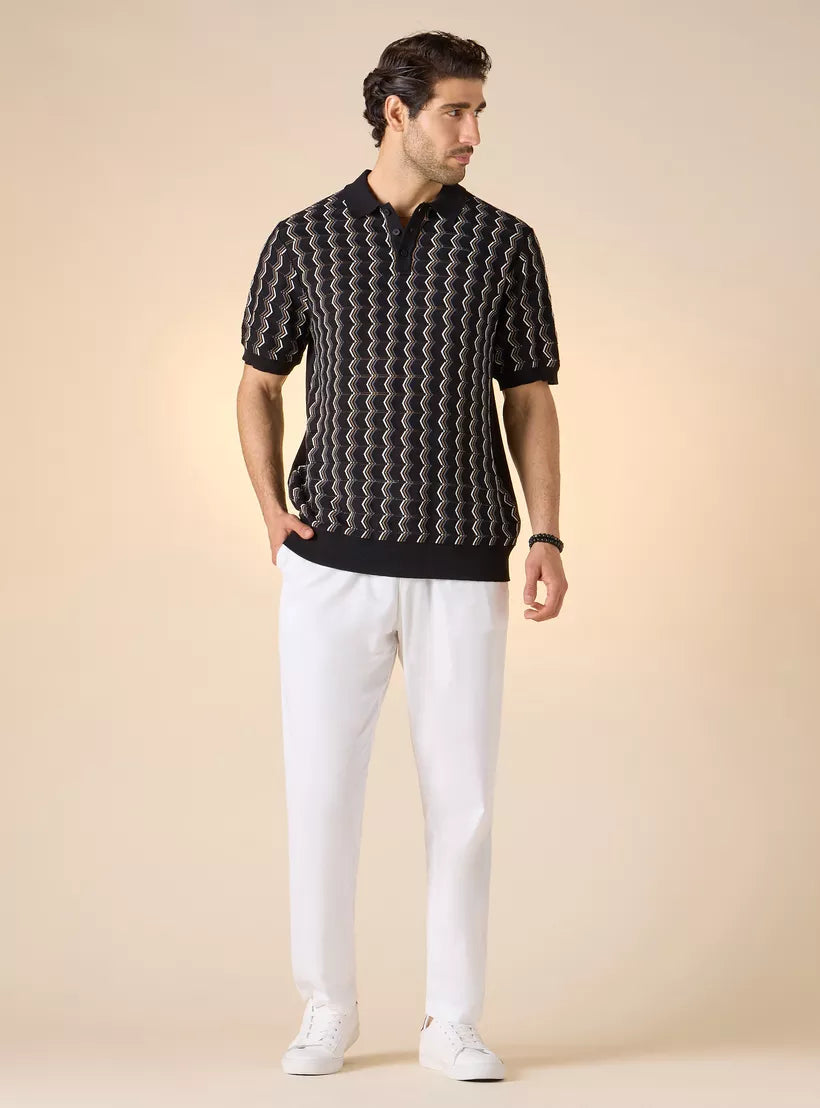 Camiseta Polo com Estampa Geométrica - Preto
