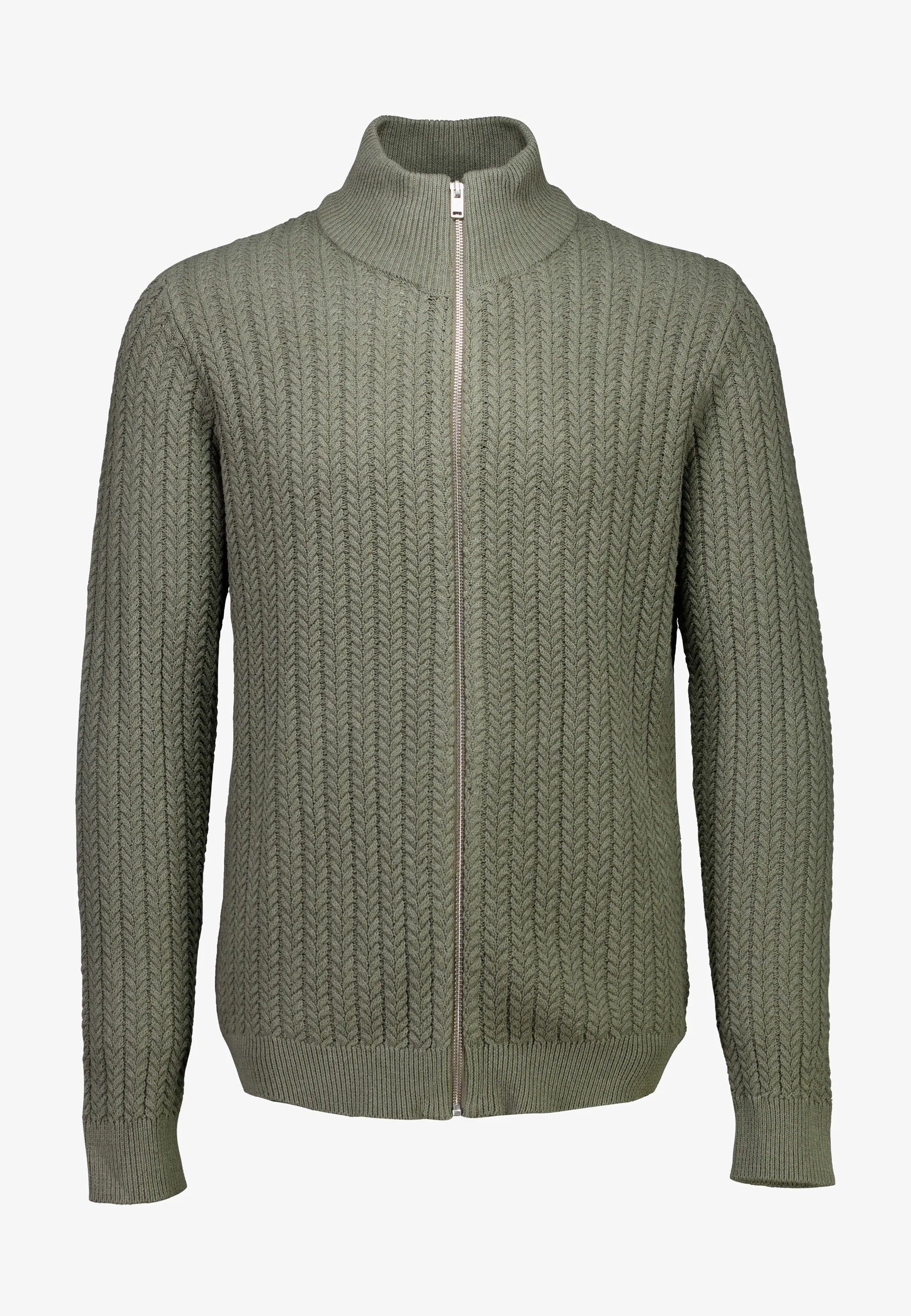 Cardigan Texturizado em Tricô com Gola Alta e Zíper - Verde musgo