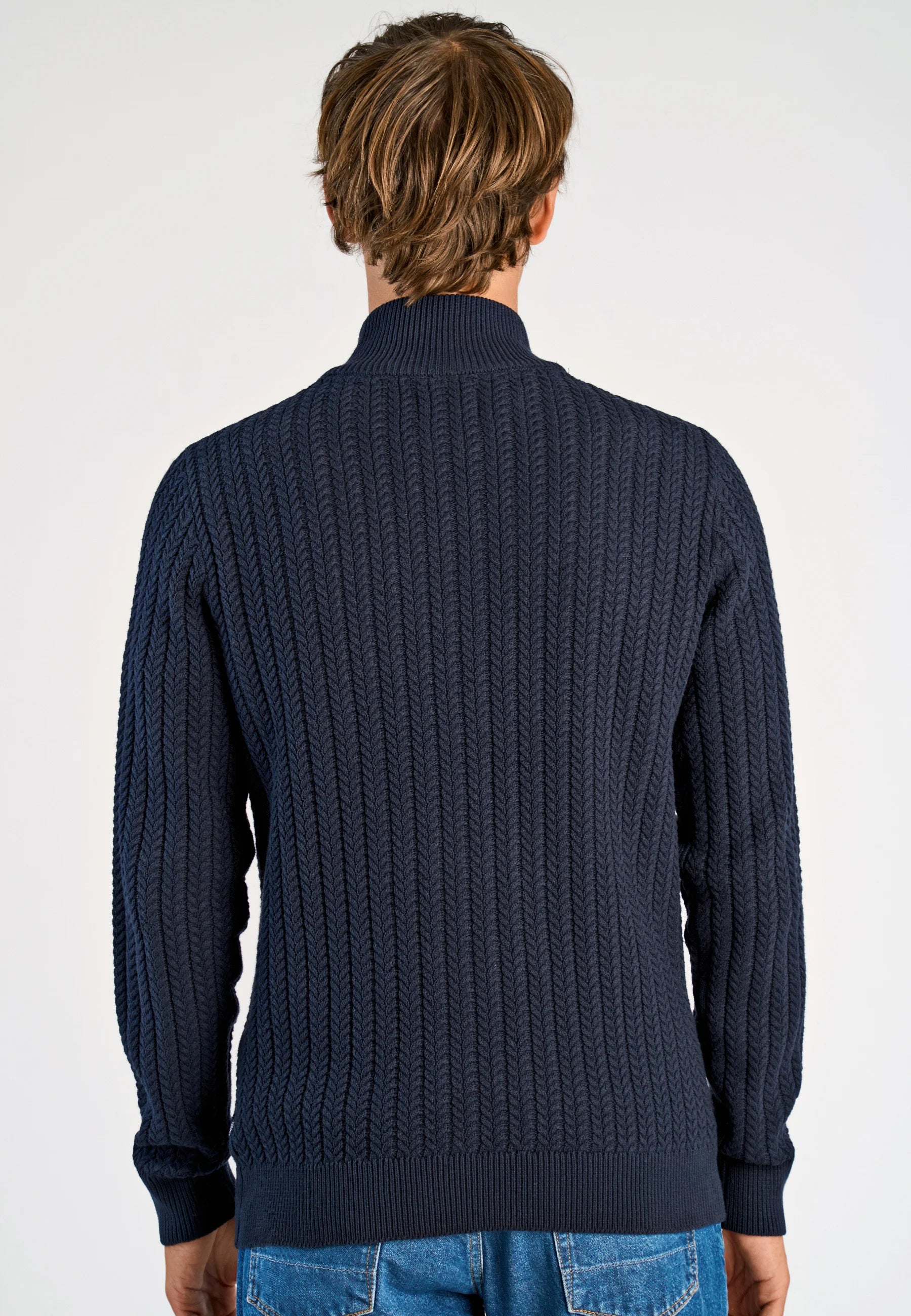 Cardigan Texturizado em Tricô com Gola Alta e Zíper - Azul marinho