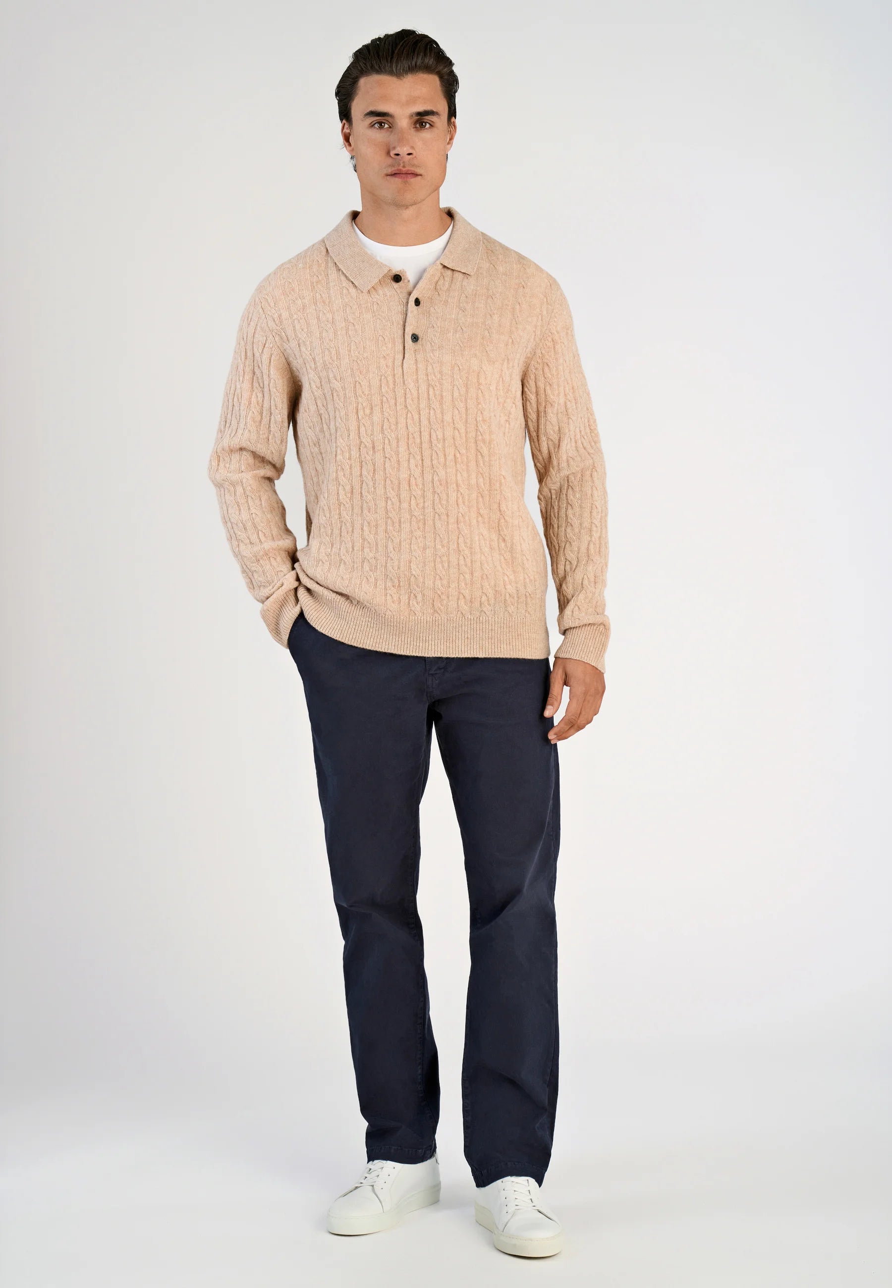 Camiseta Polo Masculina Tricotada Manga Longa - Bege