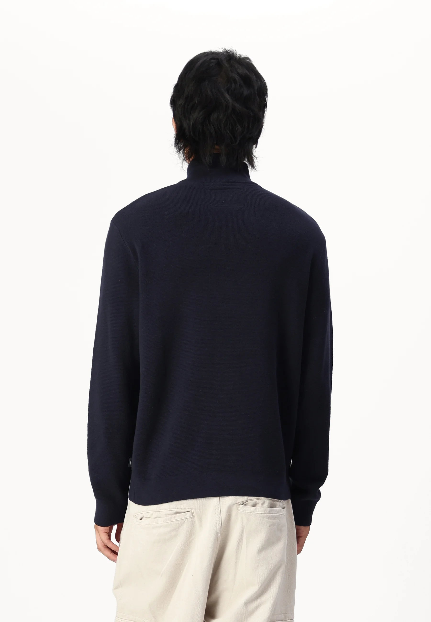 Suéter Comfort Texturizada com Gola Alta e Zíper - Azul marinho