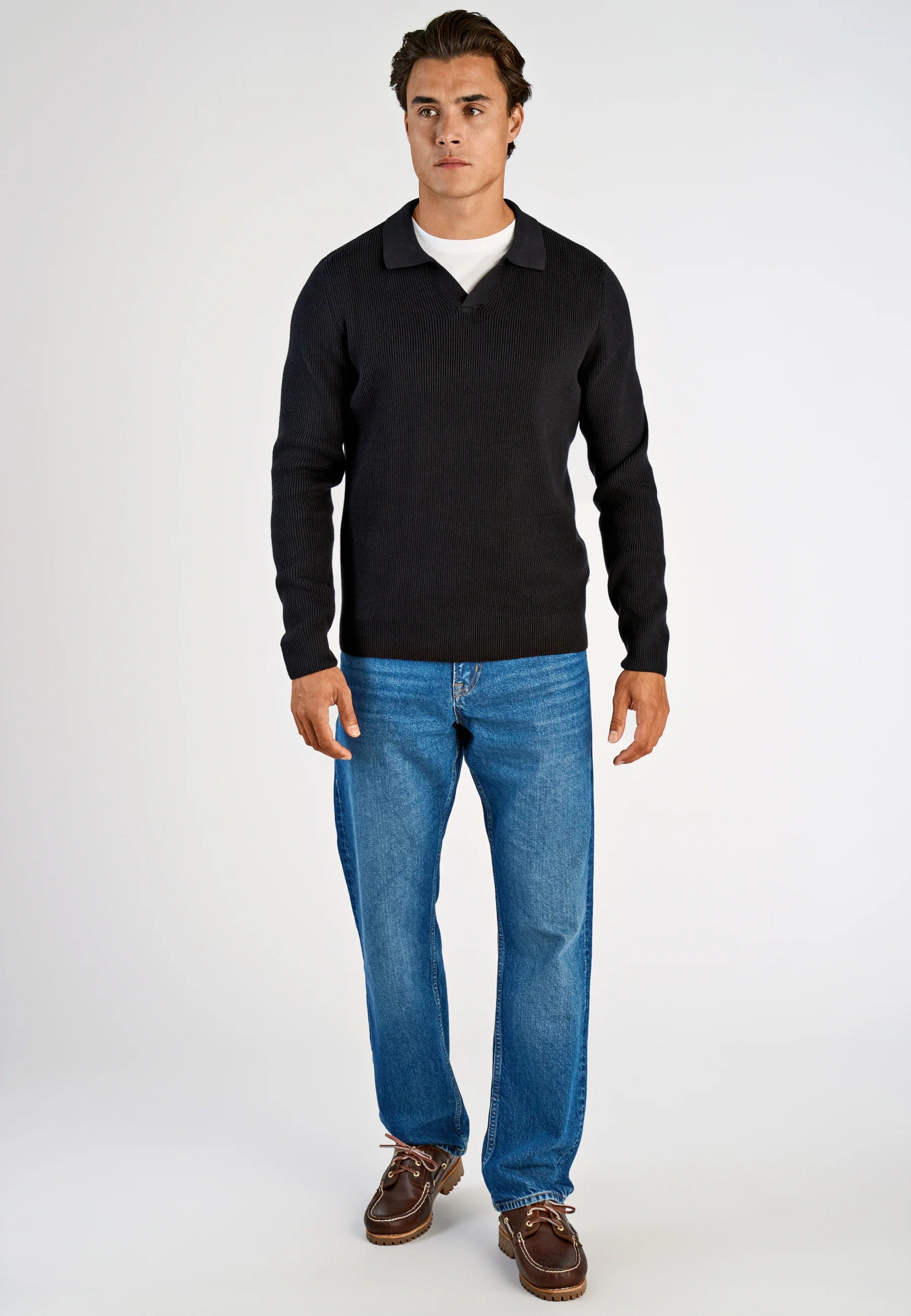 Camiseta Polo Masculina Texturizada Manga Longa - Preto