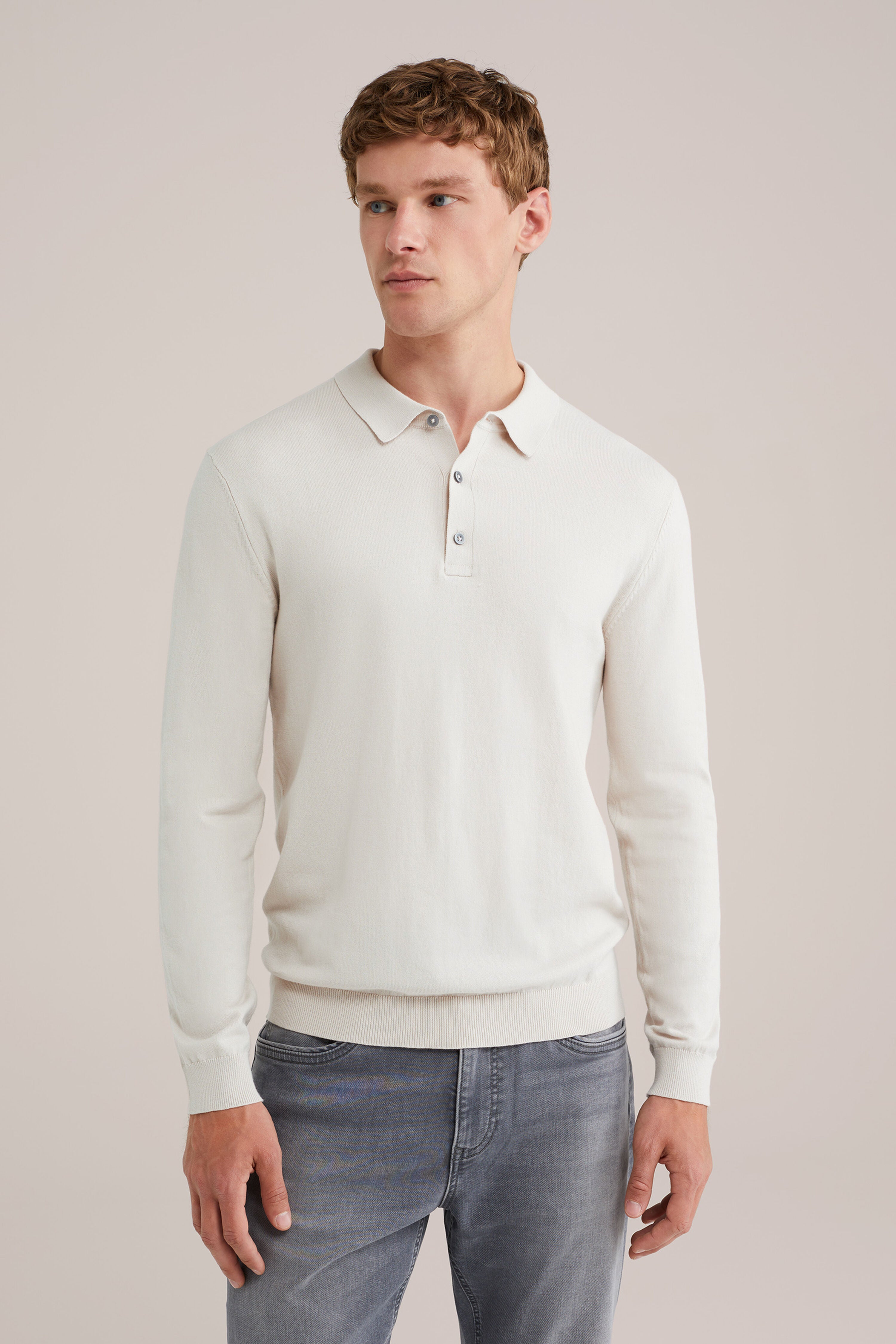 Camisa Polo de Malha Fina Manga Longa - Off white