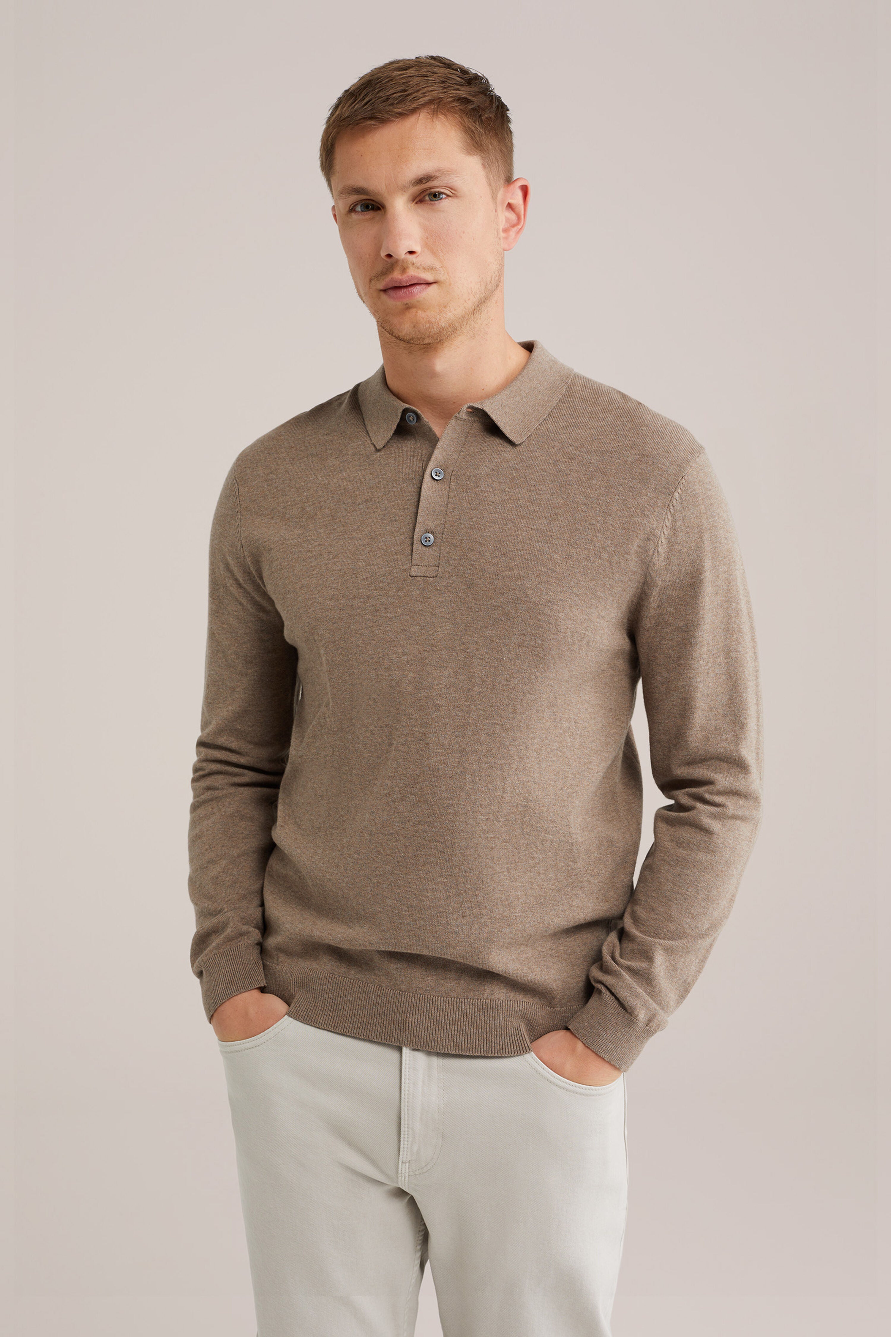camisa polo de malha fina manga longa slim em algodão e poliamida cor sólida