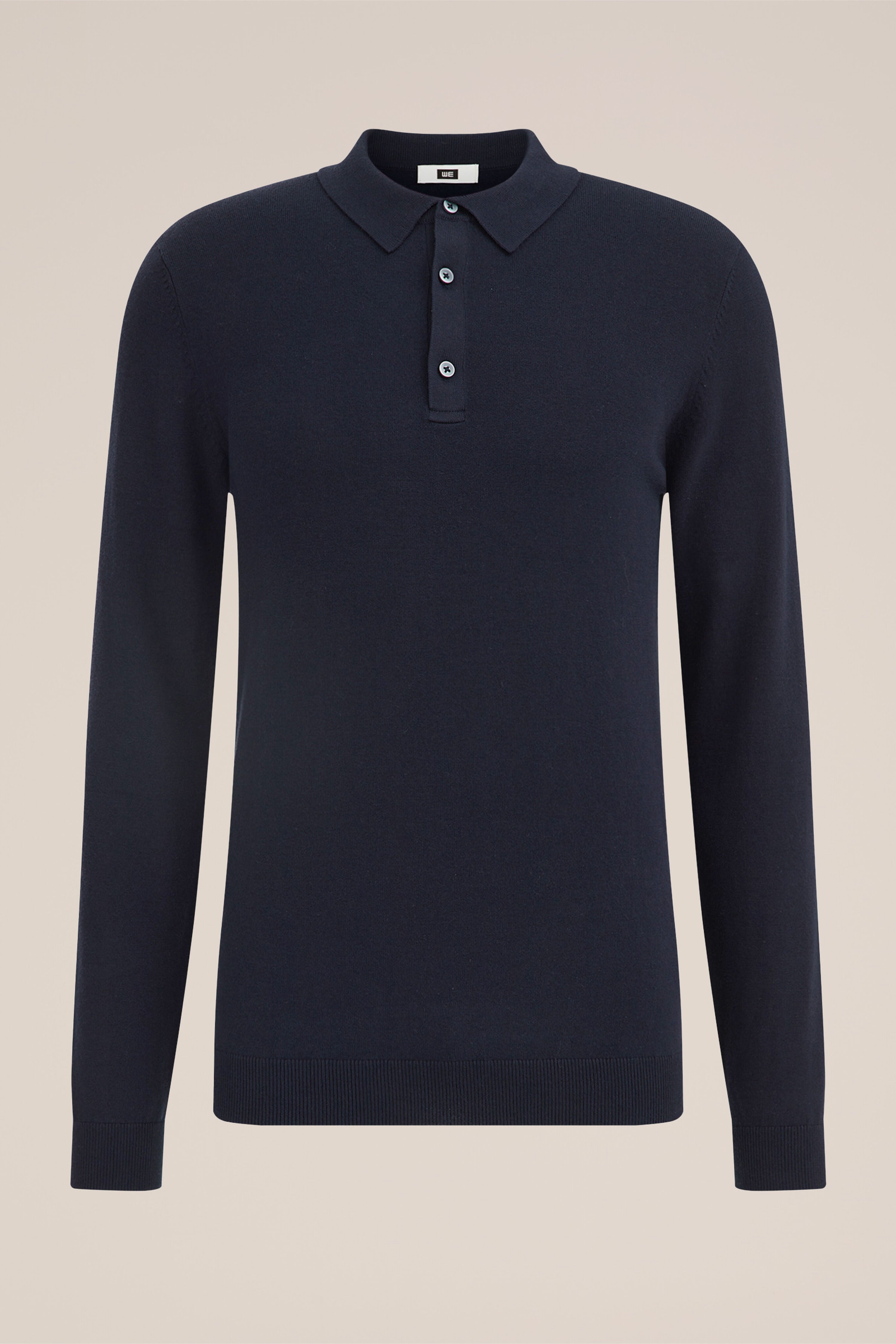 Camisa Polo de Malha Fina Manga Longa - Azul marinho