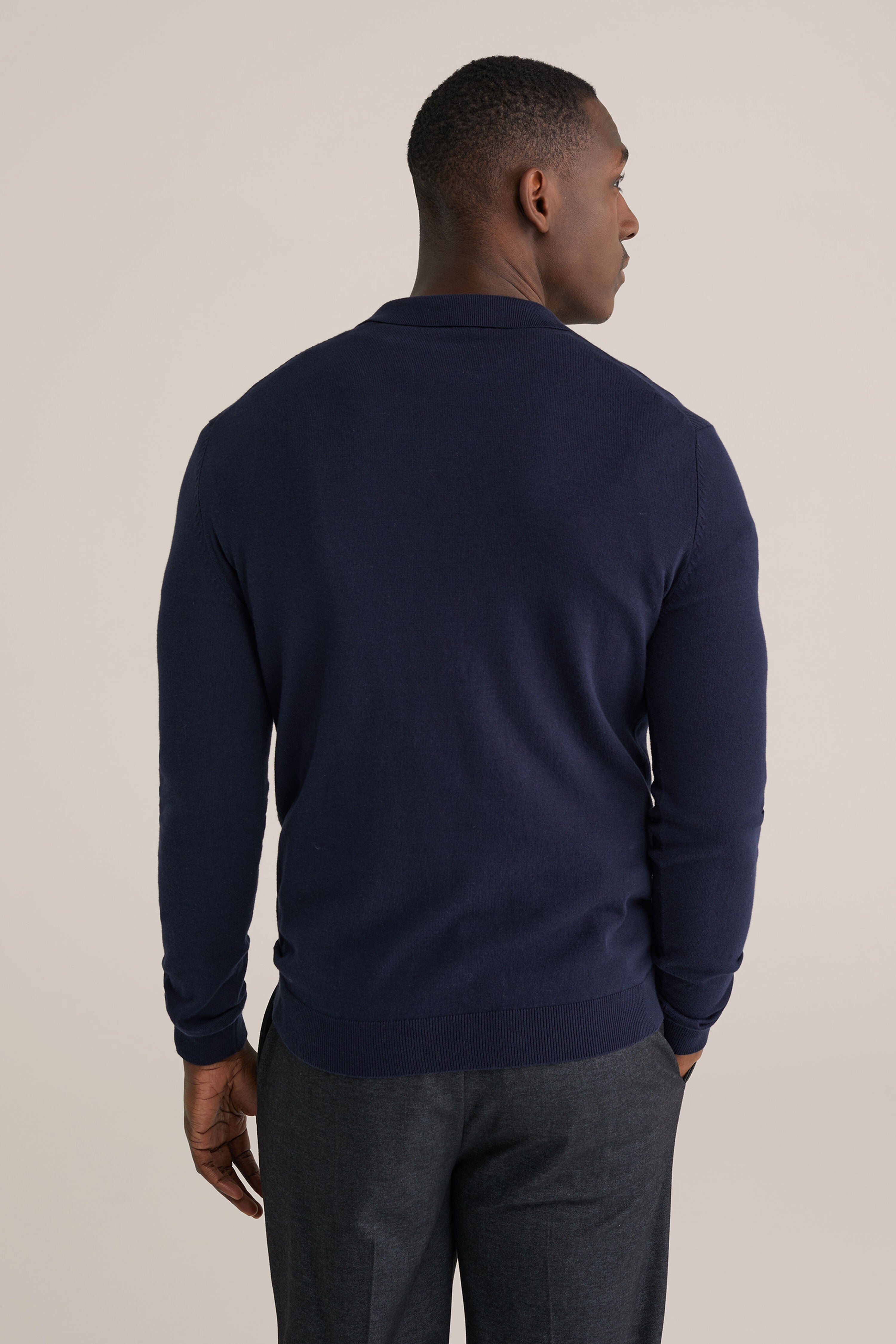 Camisa Polo de Malha Fina Manga Longa - Azul marinho