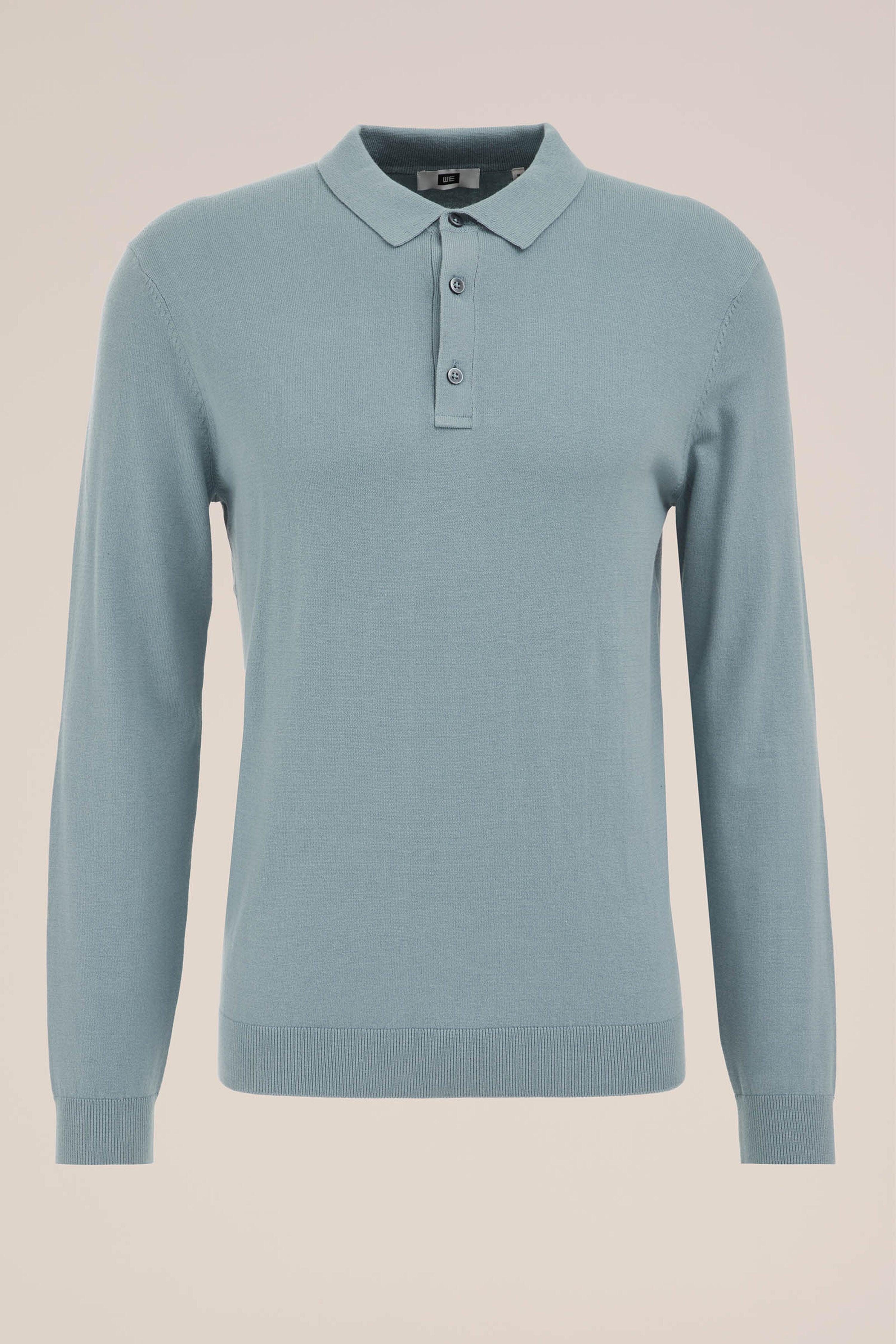 Camisa Polo de Malha Fina Manga Longa - Azul claro