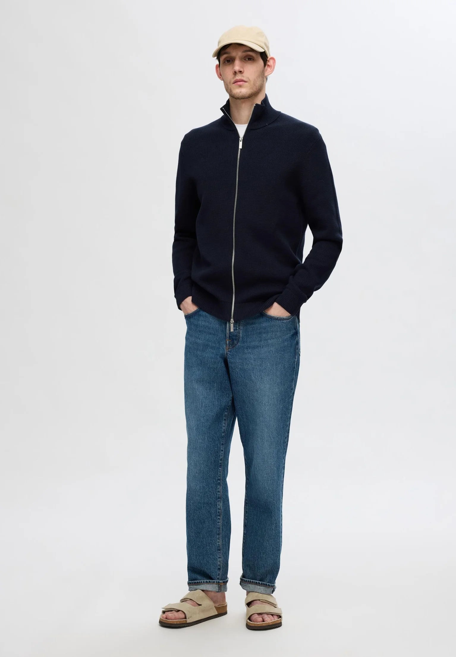 Cardigan Comfort com Gola Alta e Zíper - Azul Marinho