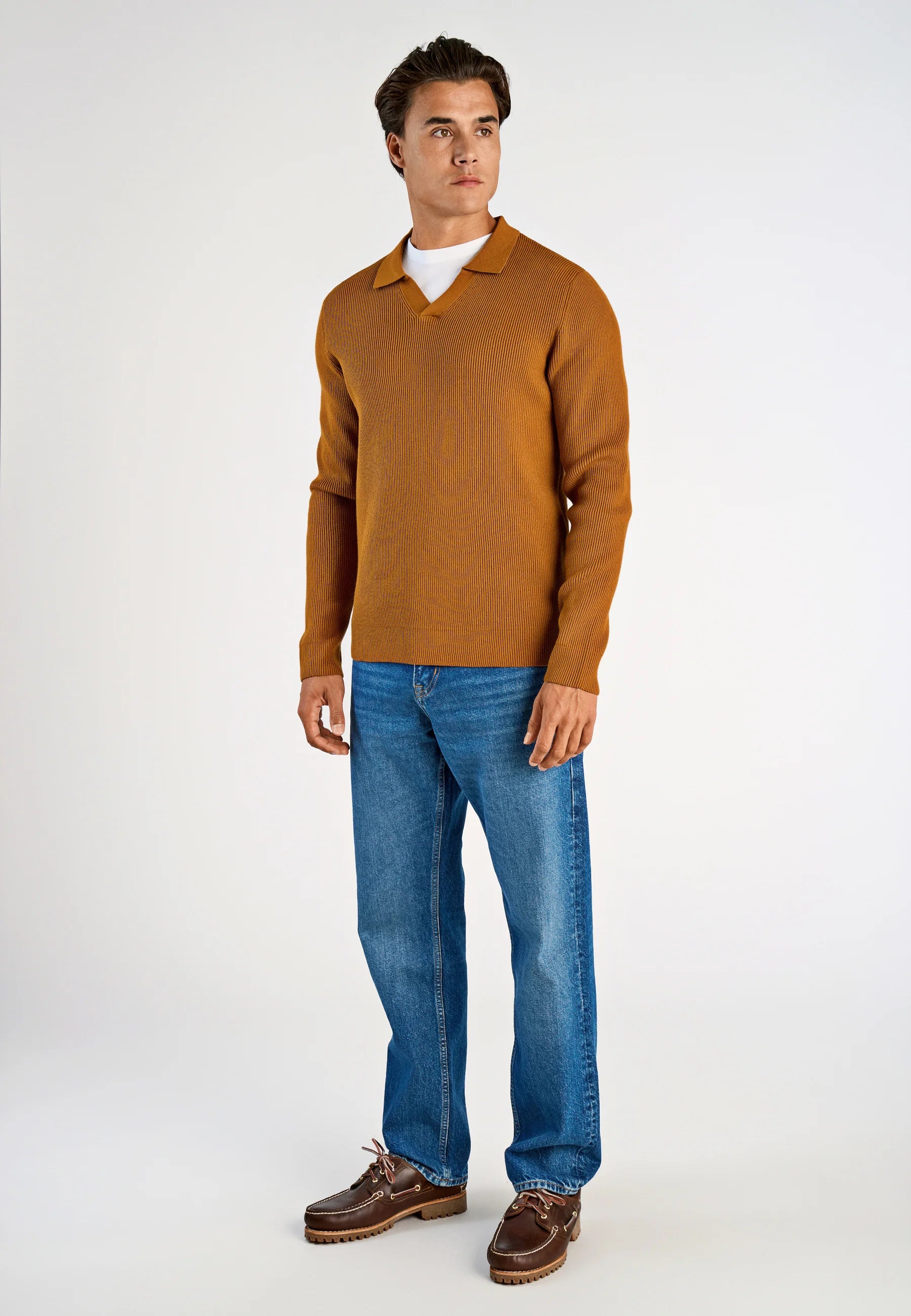 Camiseta Polo Masculina Texturizada Manga Longa - Caramelo