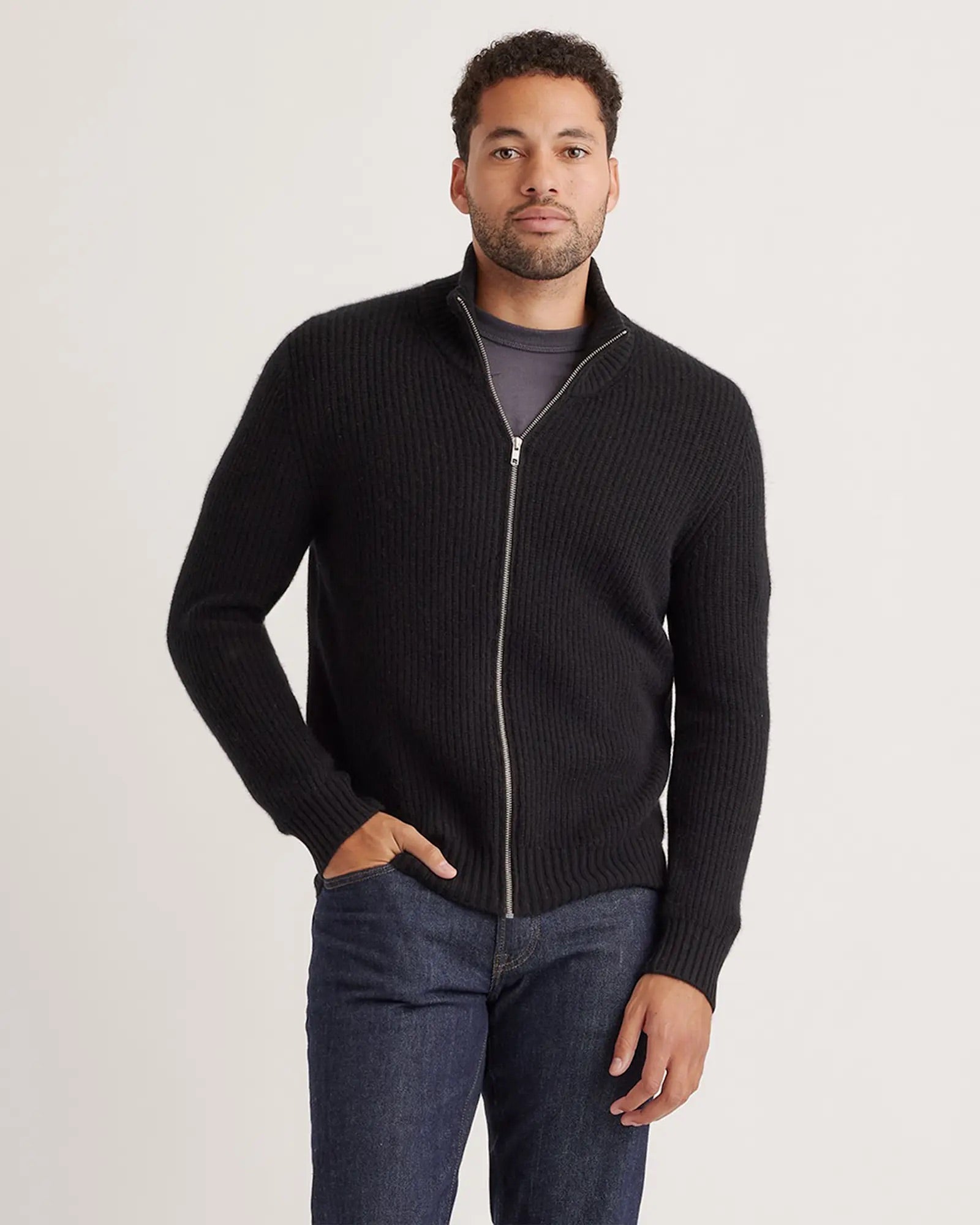 Suéter Masculino 100% Algodão com Zíper Frontal - Preto