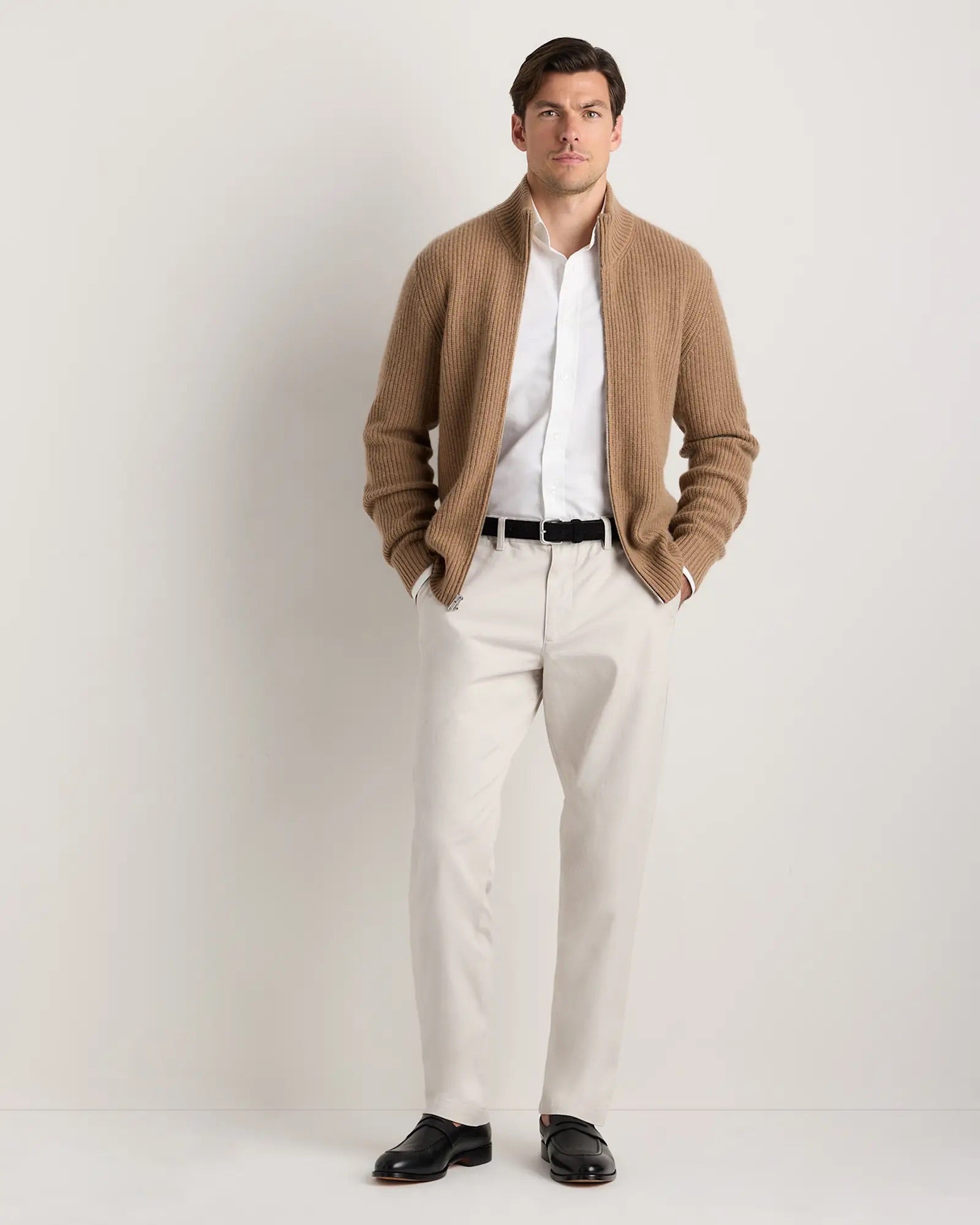 Suéter Masculino 100% Algodão com Zíper Frontal - Bege