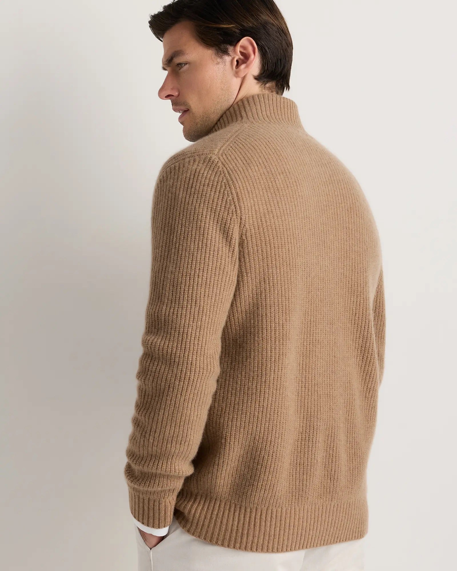 Suéter Masculino 100% Algodão com Zíper Frontal - Bege