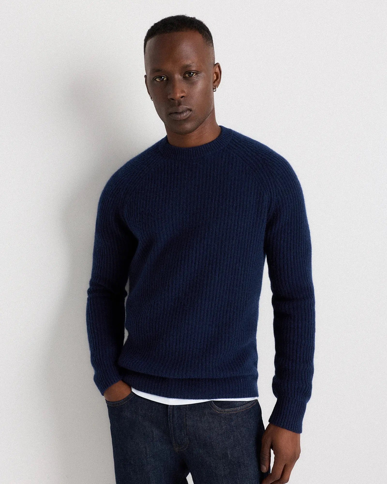 Suéter Canelado com Gola Redonda Jumper - Azul marinho