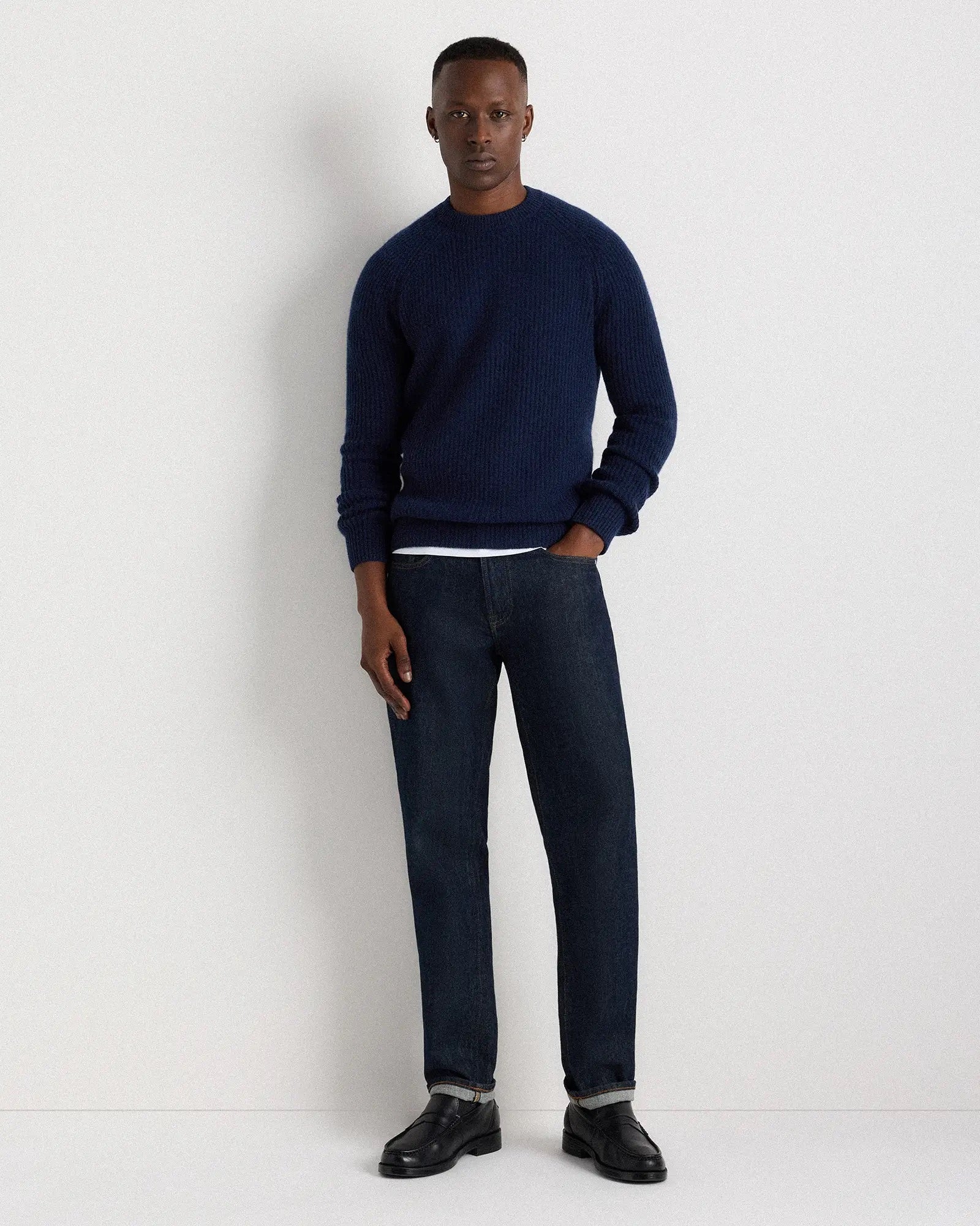 Suéter Canelado com Gola Redonda Jumper - Azul marinho