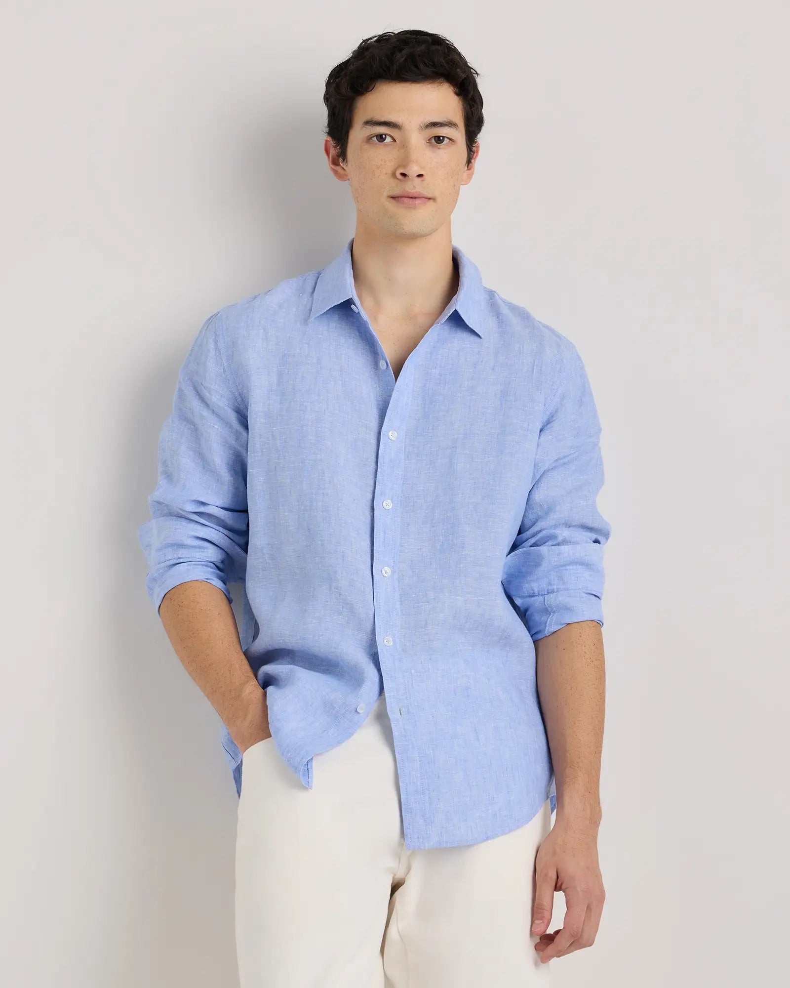 Camisa Manga Longa Slim Em Linho - Azul