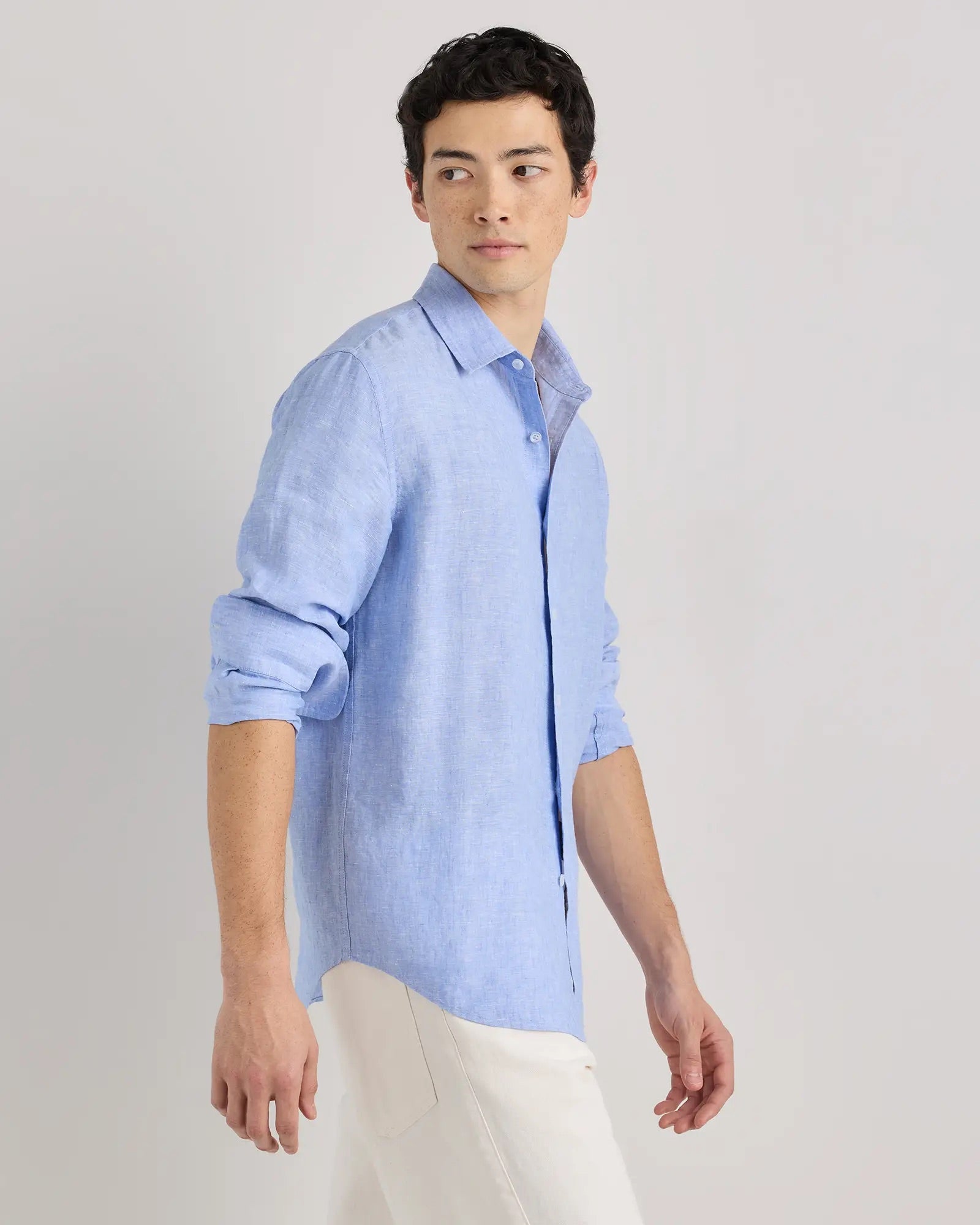 Camisa Manga Longa Slim Em Linho - Azul