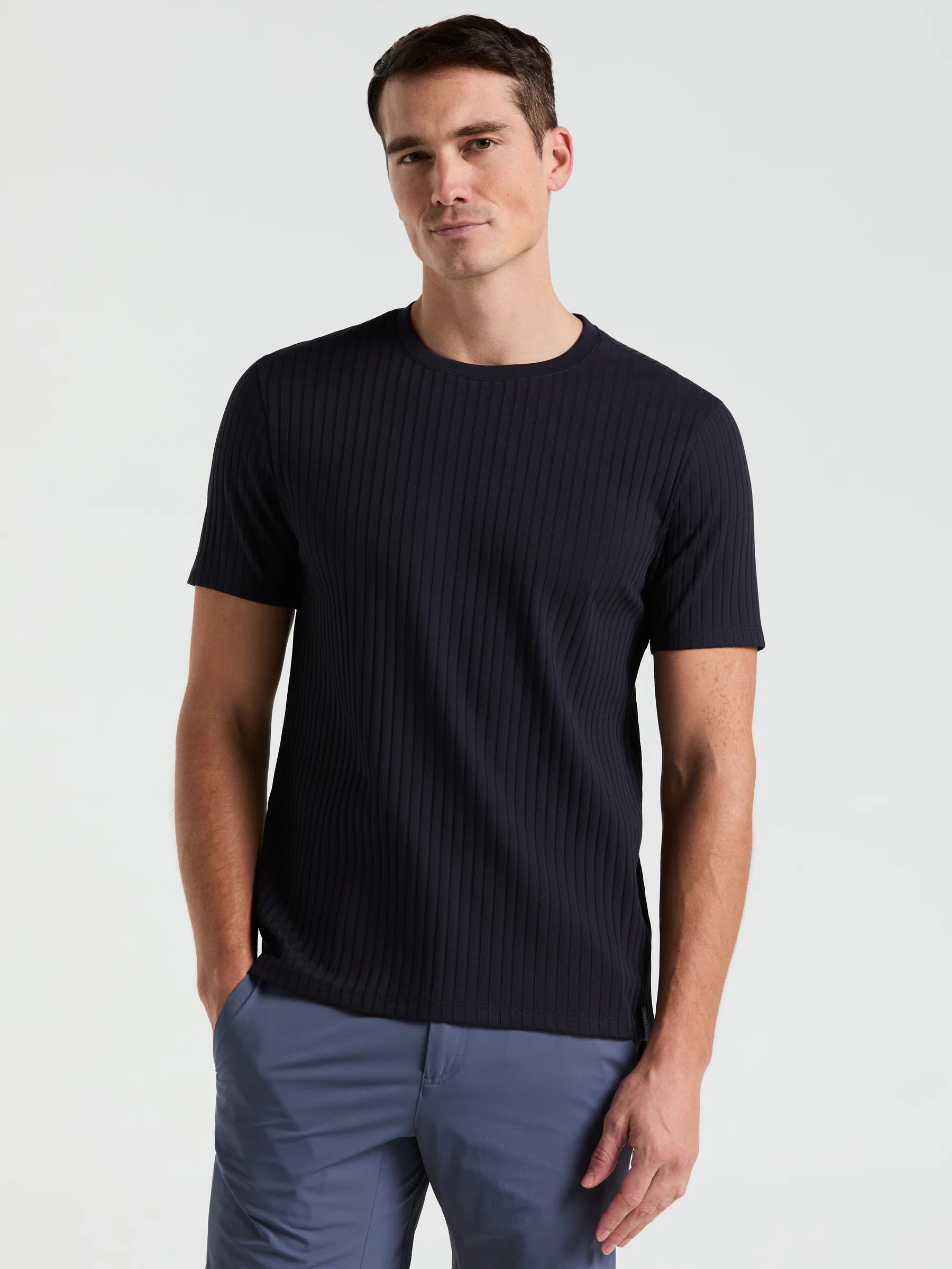 Camiseta Canelada de Gola Redonda Blend - Azul marinho