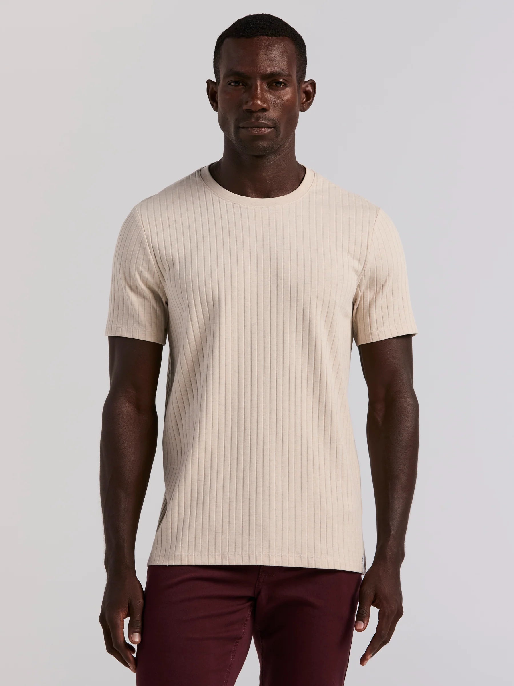 Camiseta Canelada de Gola Redonda Blend - Bege