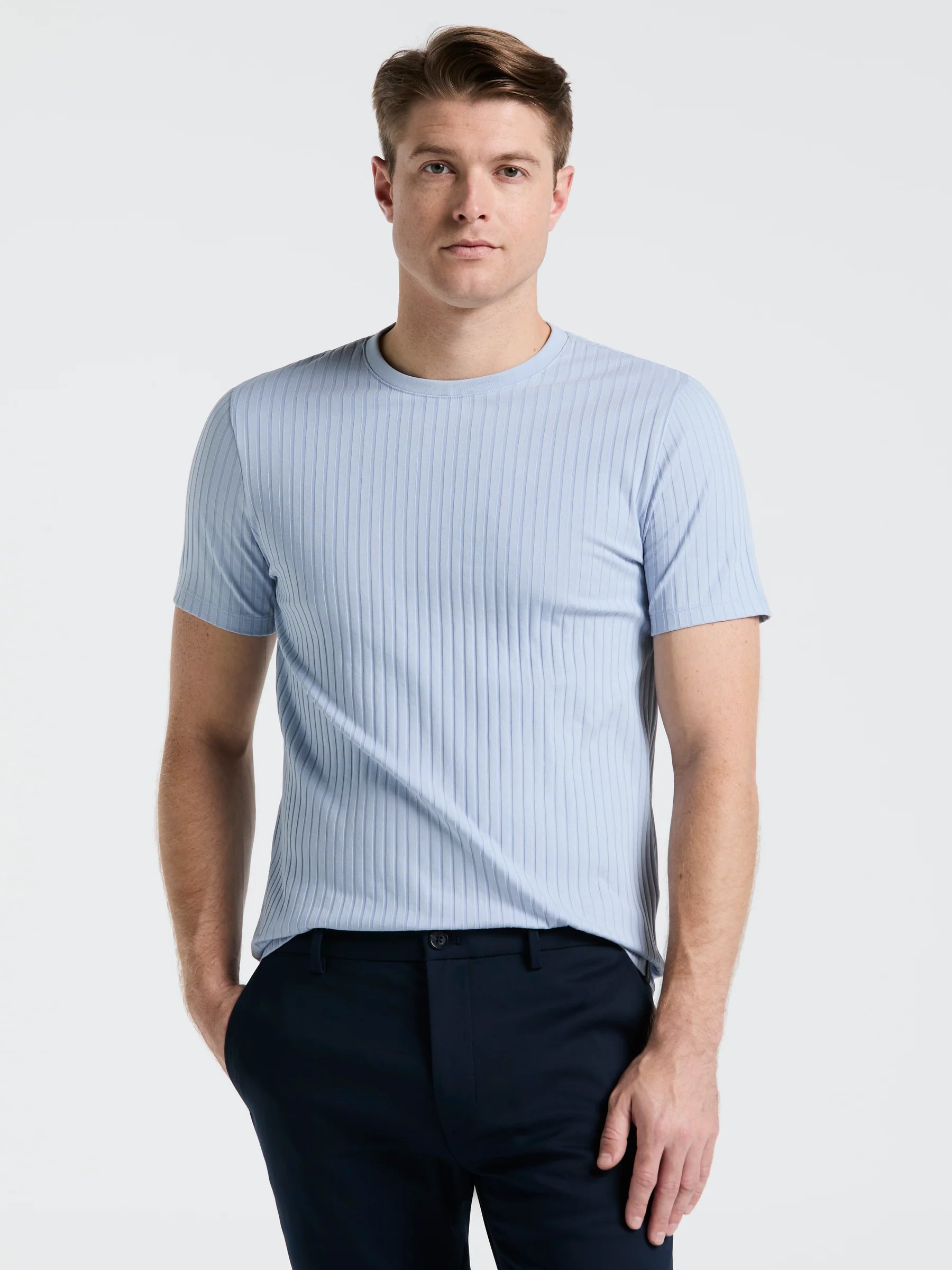 Camiseta Canelada de Gola Redonda Blend - Azul claro