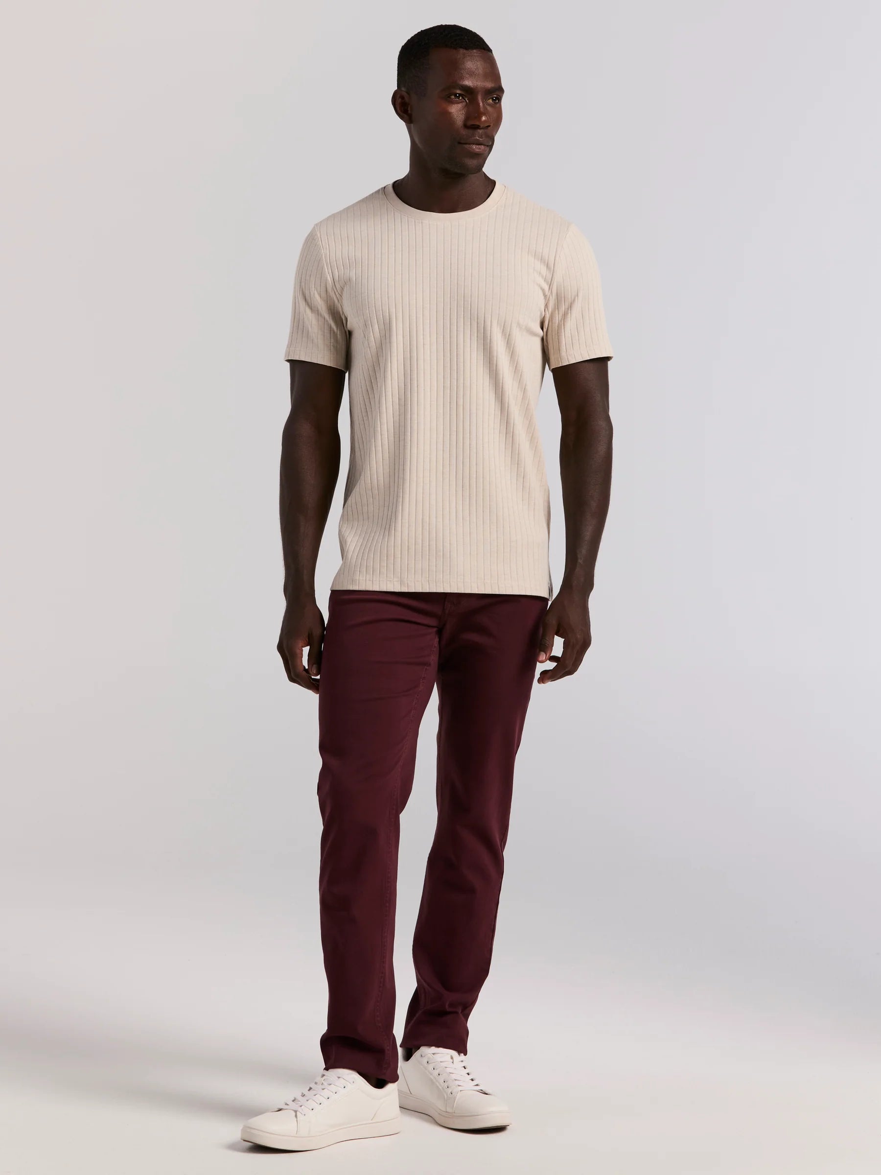 Camiseta Canelada de Gola Redonda Blend - Bege