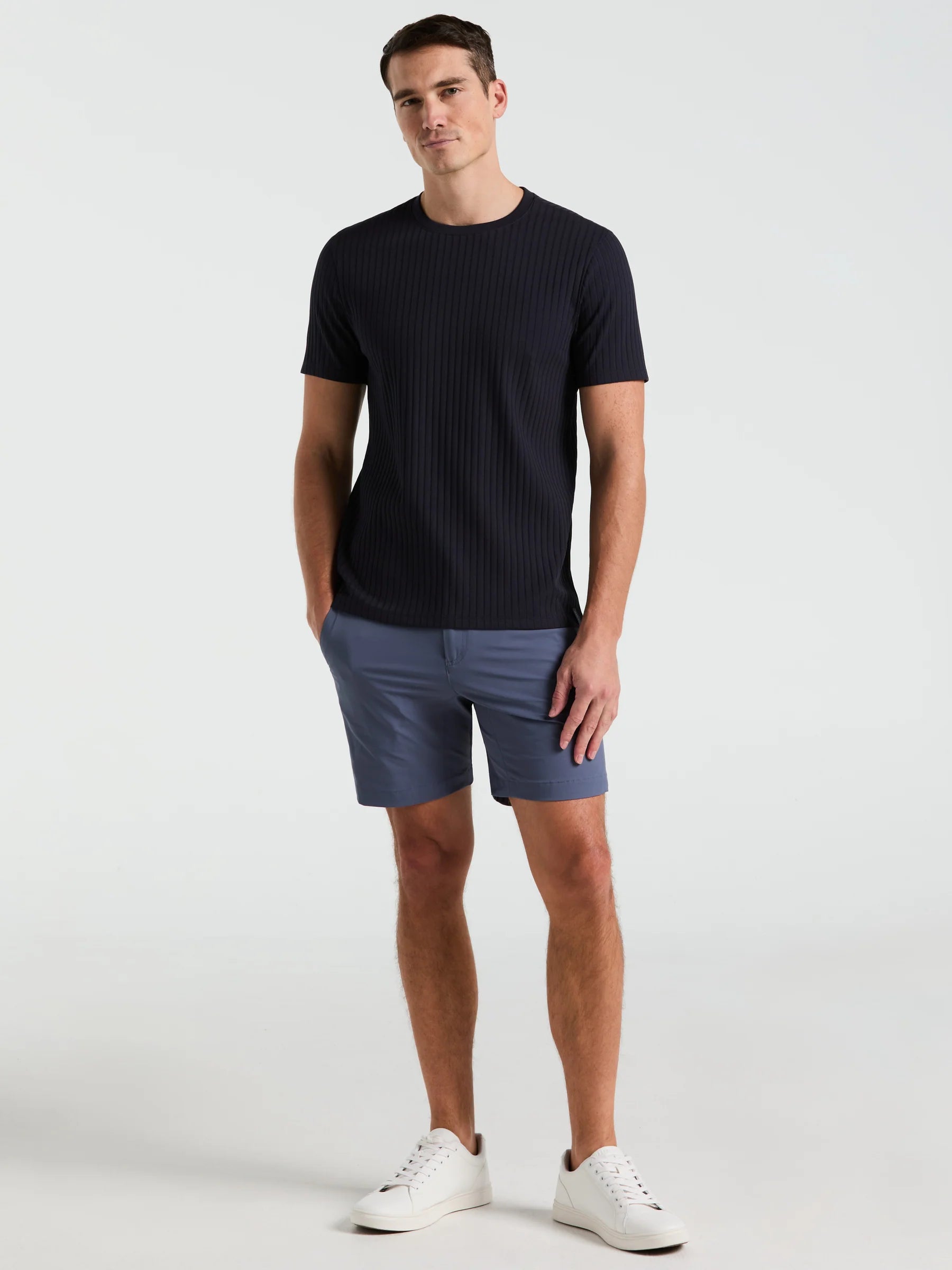 Camiseta Canelada de Gola Redonda Blend - Azul marinho