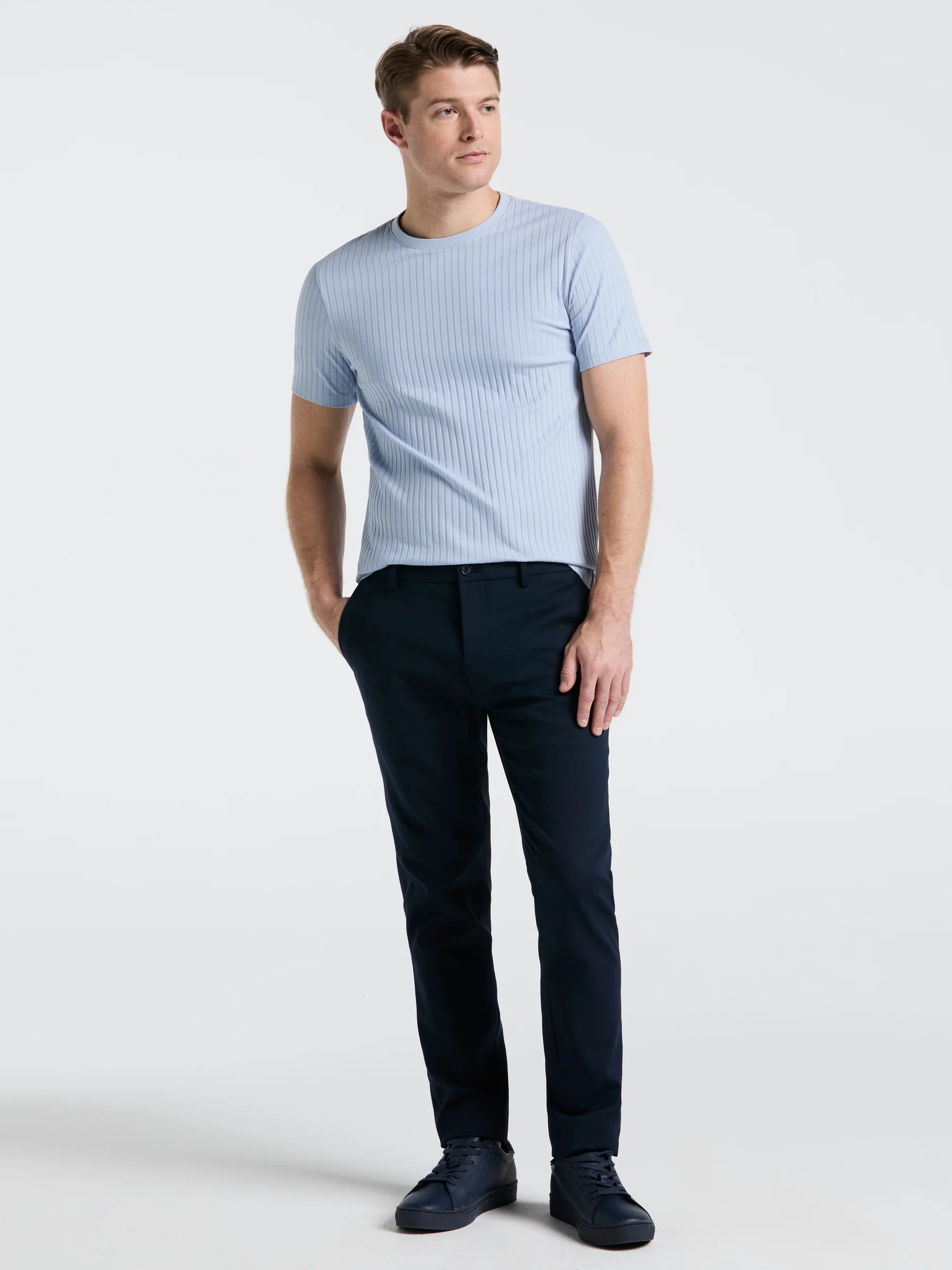 Camiseta Canelada de Gola Redonda Blend - Azul claro