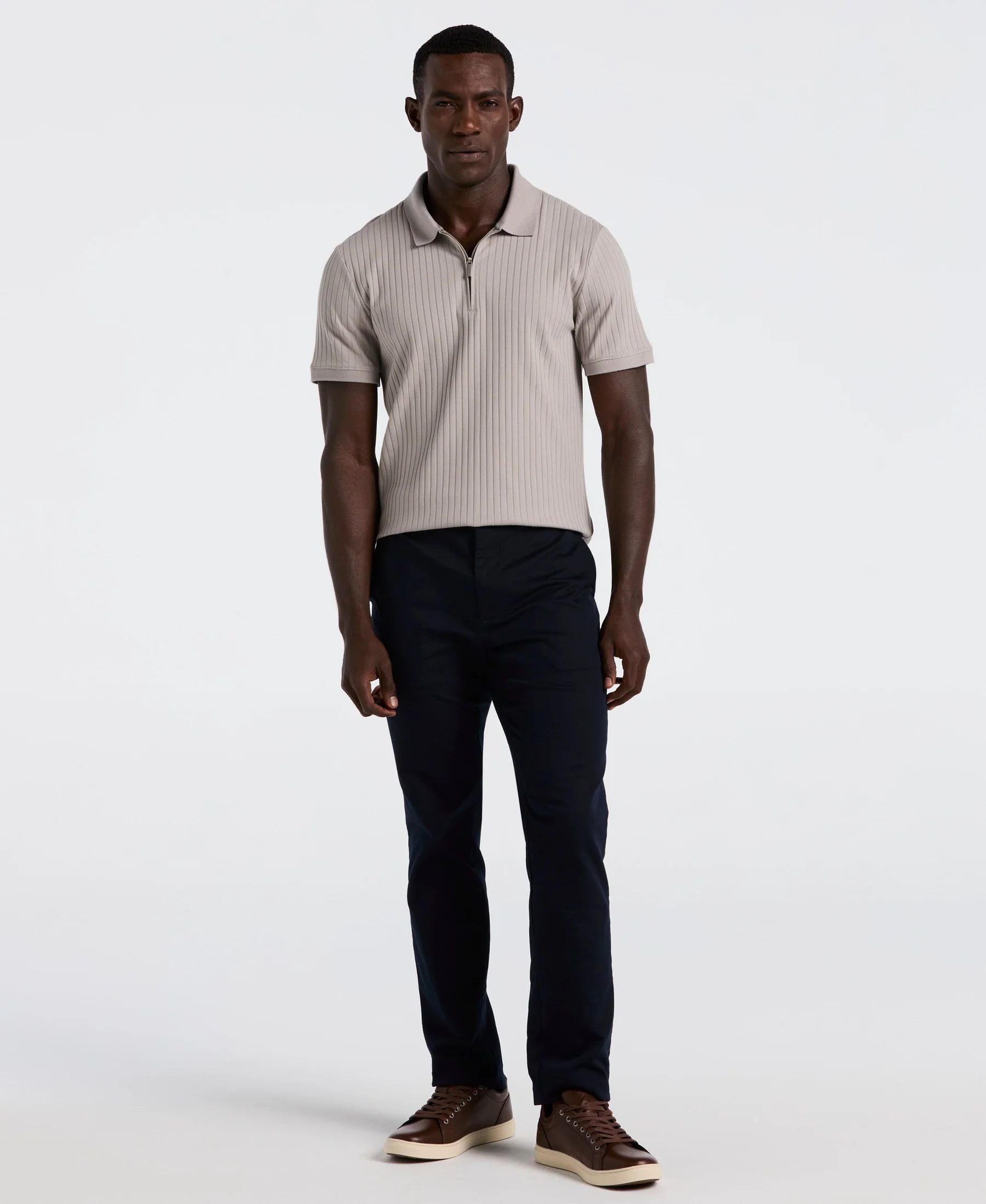 Camisa Gola Polo Canelada com Zíper Blend - Bege