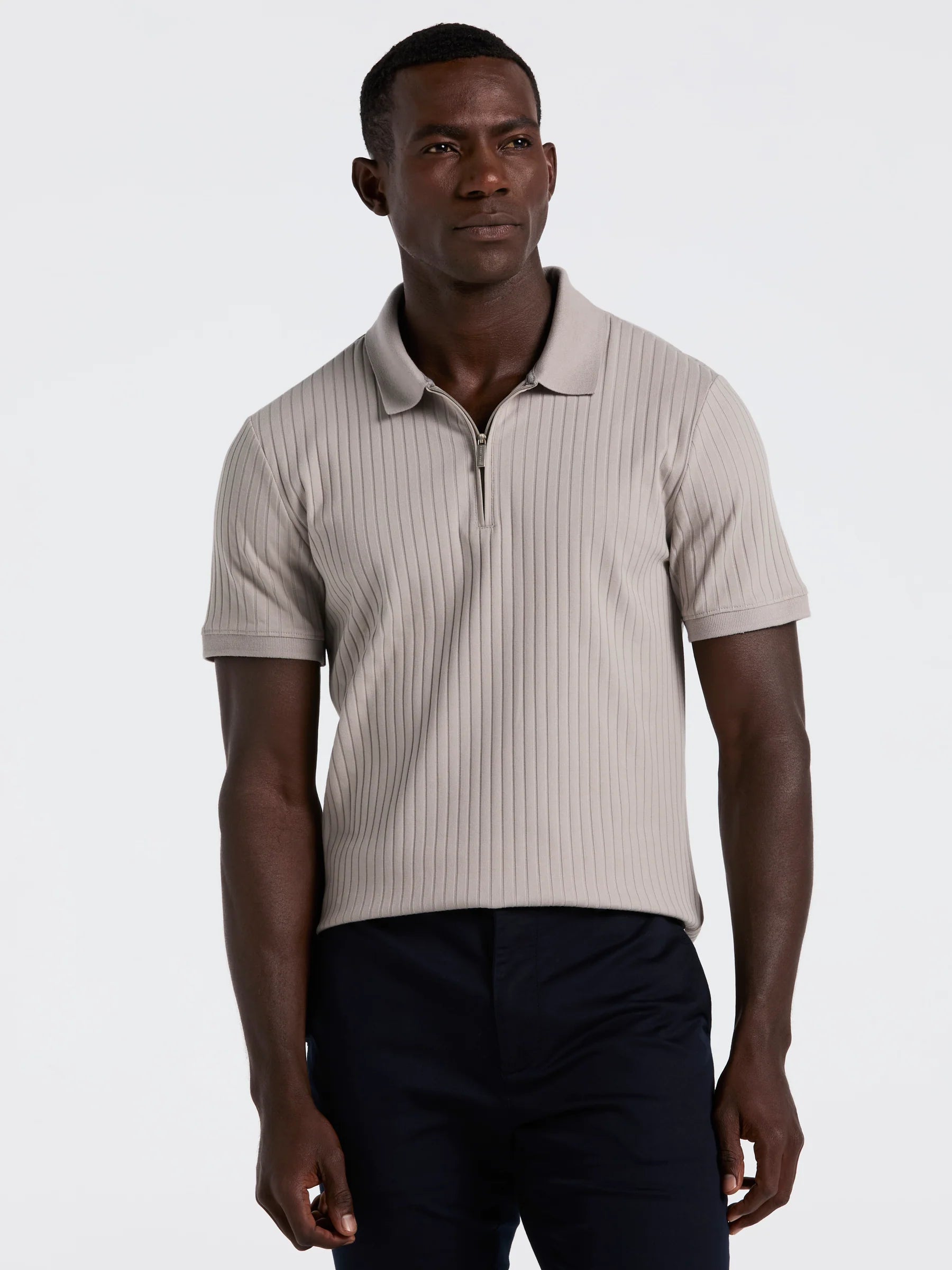 Camisa Gola Polo Canelada com Zíper Blend - Bege