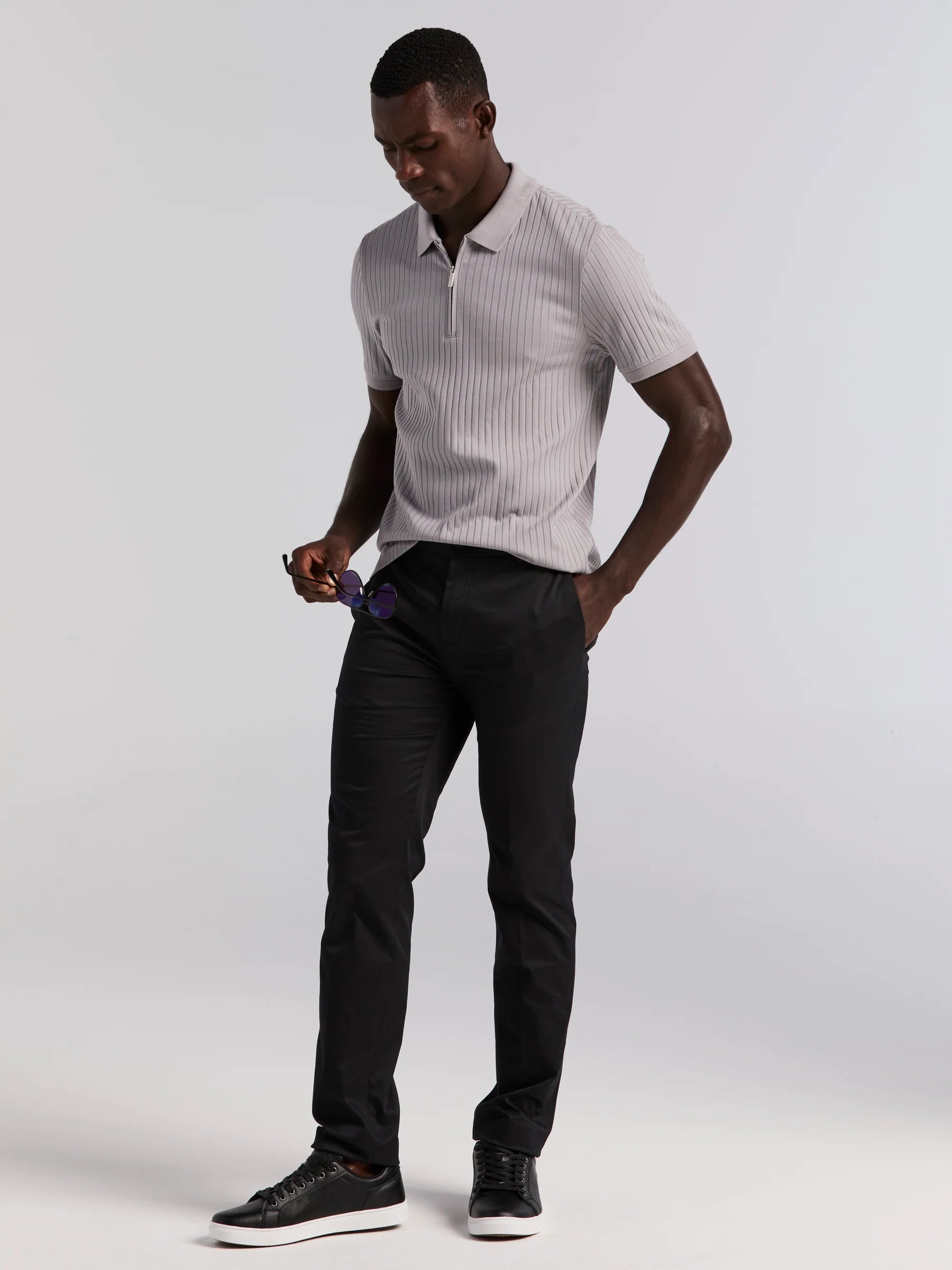 Camisa Gola Polo Canelada com Zíper Blend - Cinza