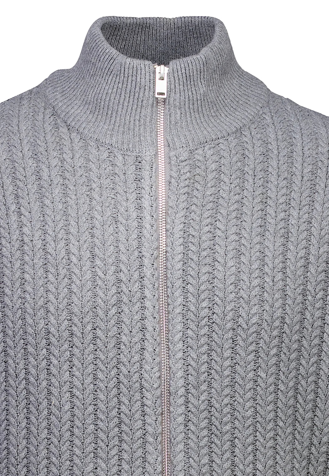 Cardigan Texturizado em Tricô com Gola Alta e Zíper - Cinza