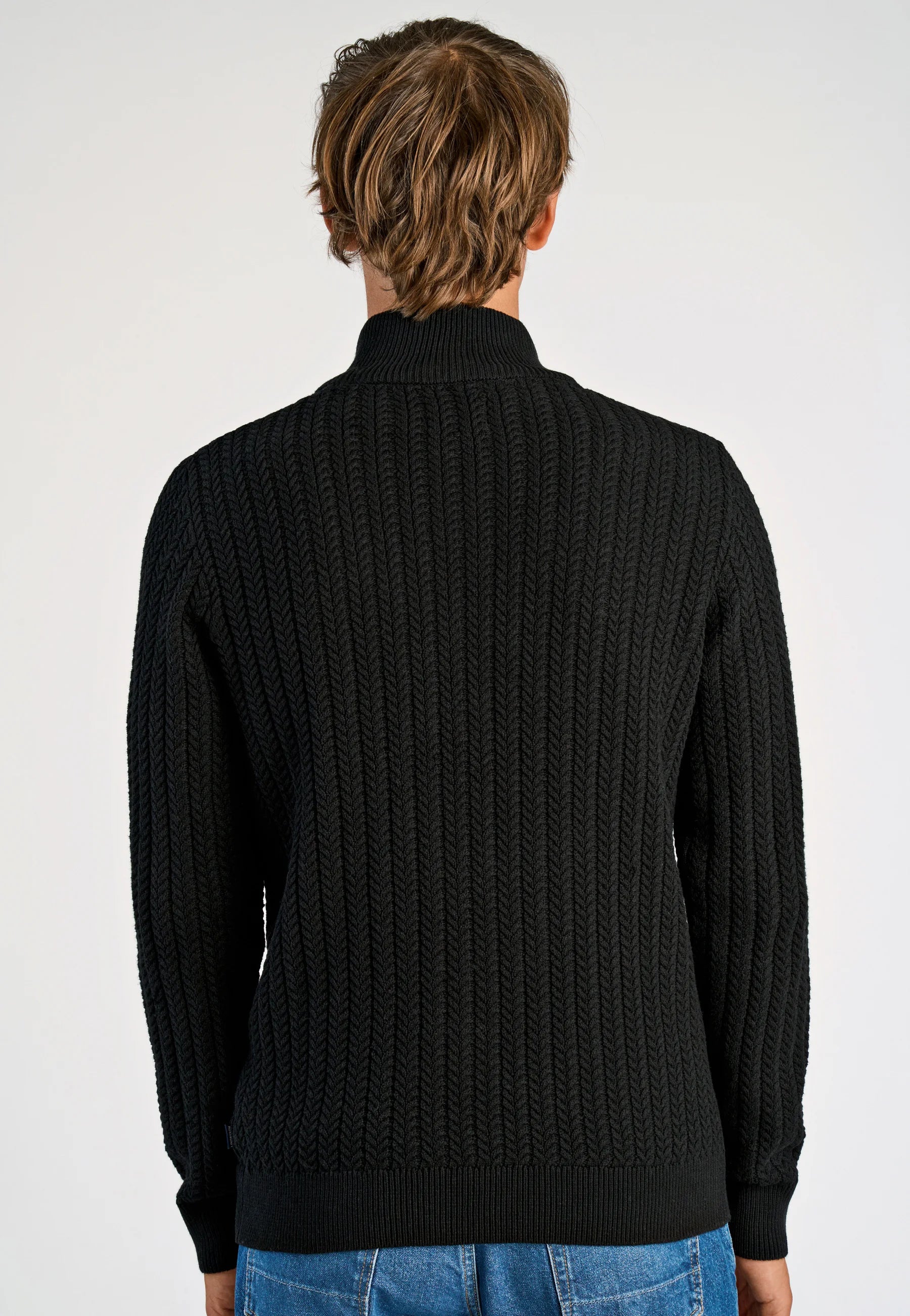 Cardigan Texturizado em Tricô com Gola Alta e Zíper - Preto
