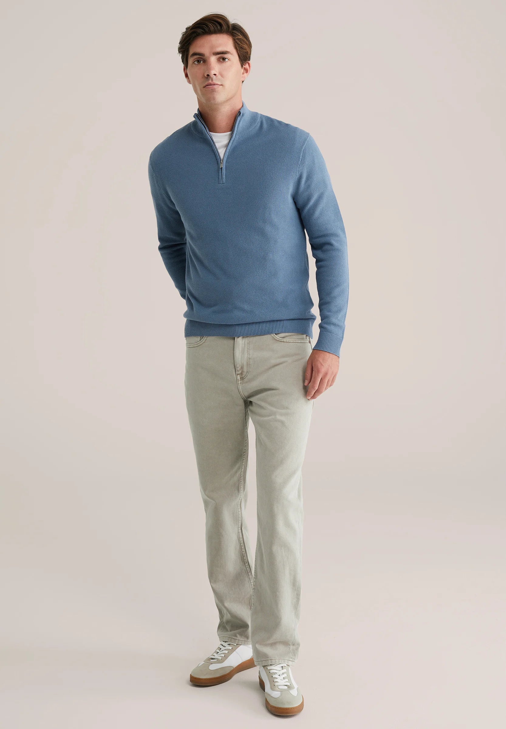 Suéter Masculino em Algodão com Gola Troyer e Zíper - Azul claro