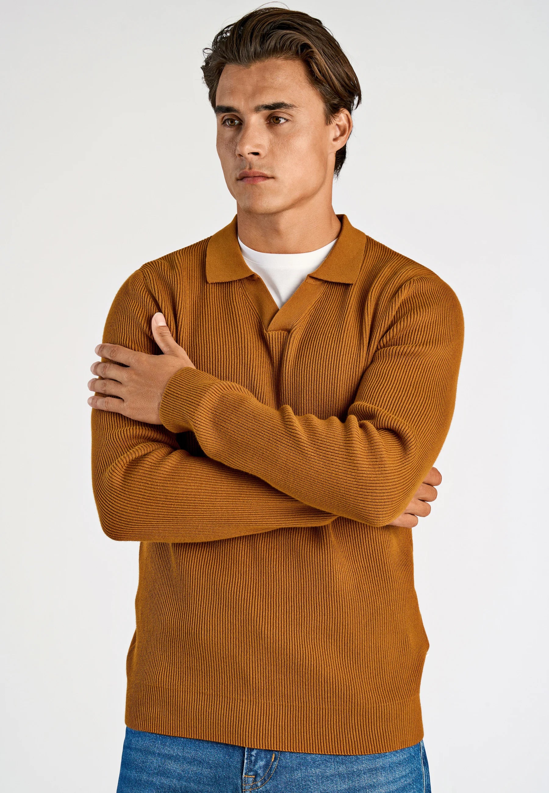 Camiseta Polo Masculina Texturizada Manga Longa - Caramelo