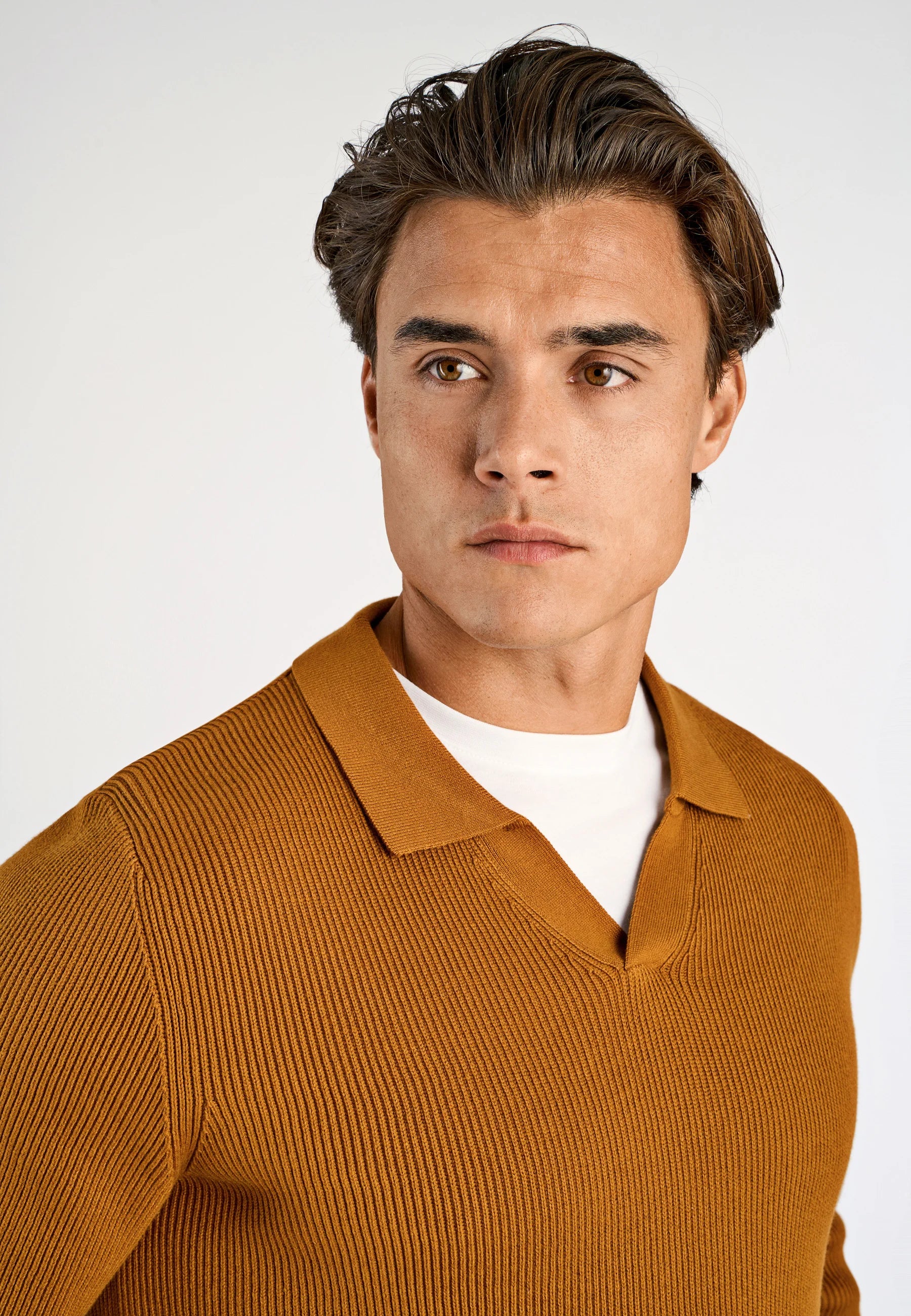 Camiseta Polo Masculina Texturizada Manga Longa - Caramelo