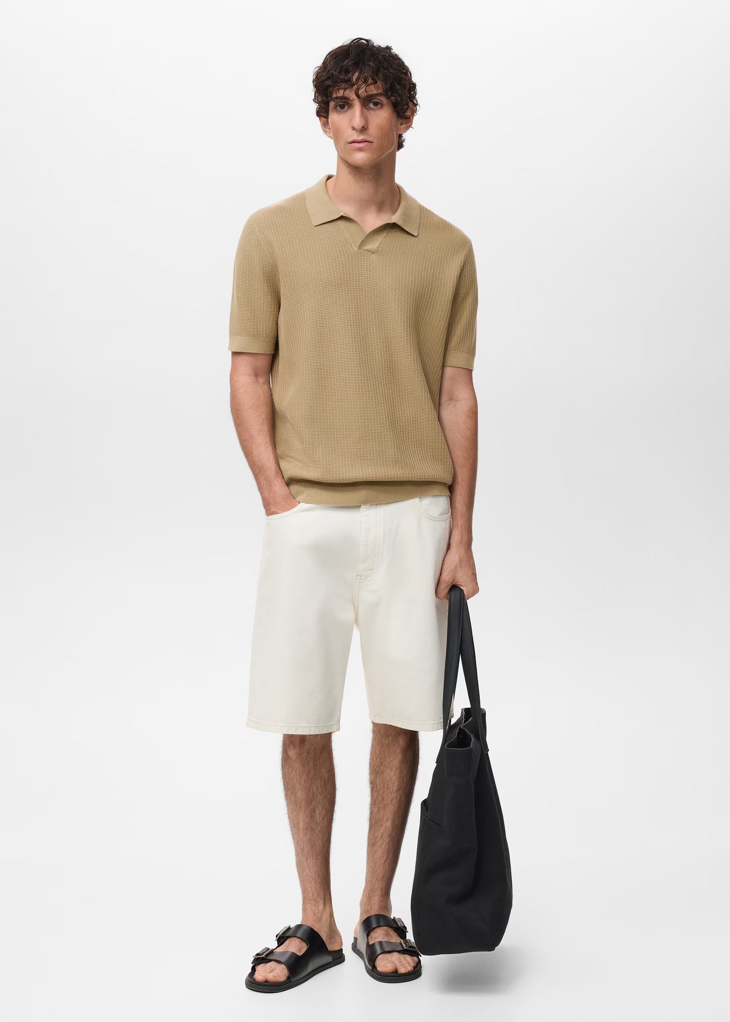 Camisa Polo em Tricô Texturizado - Bege