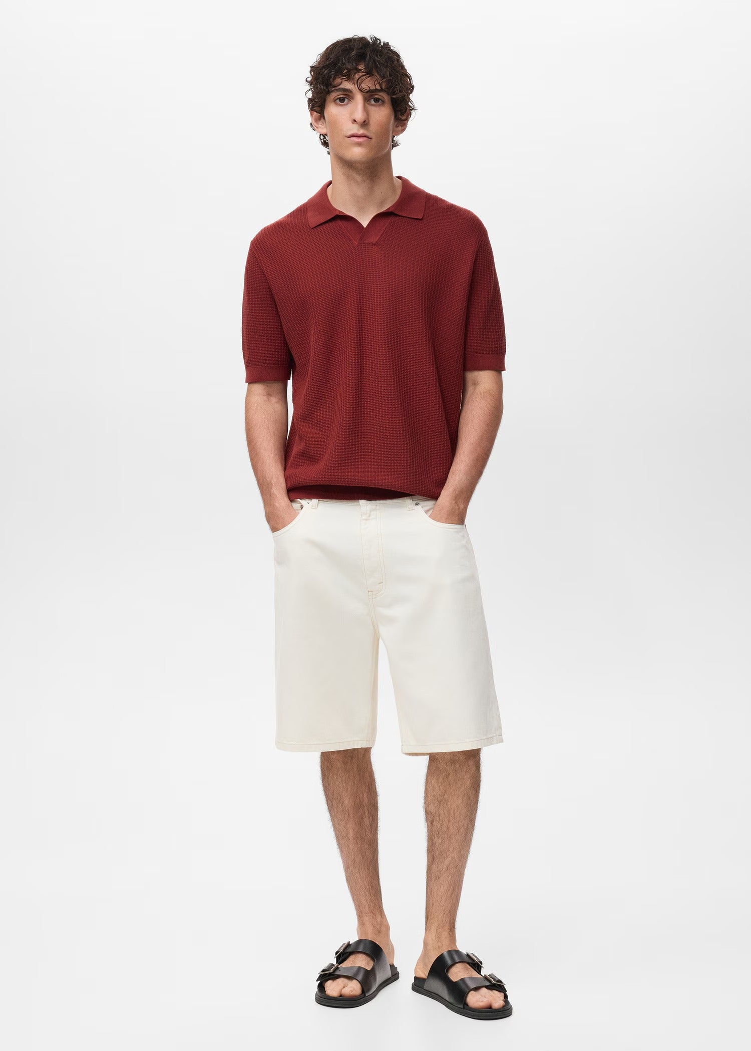 Camisa Polo em Tricô Texturizado - Vermelho