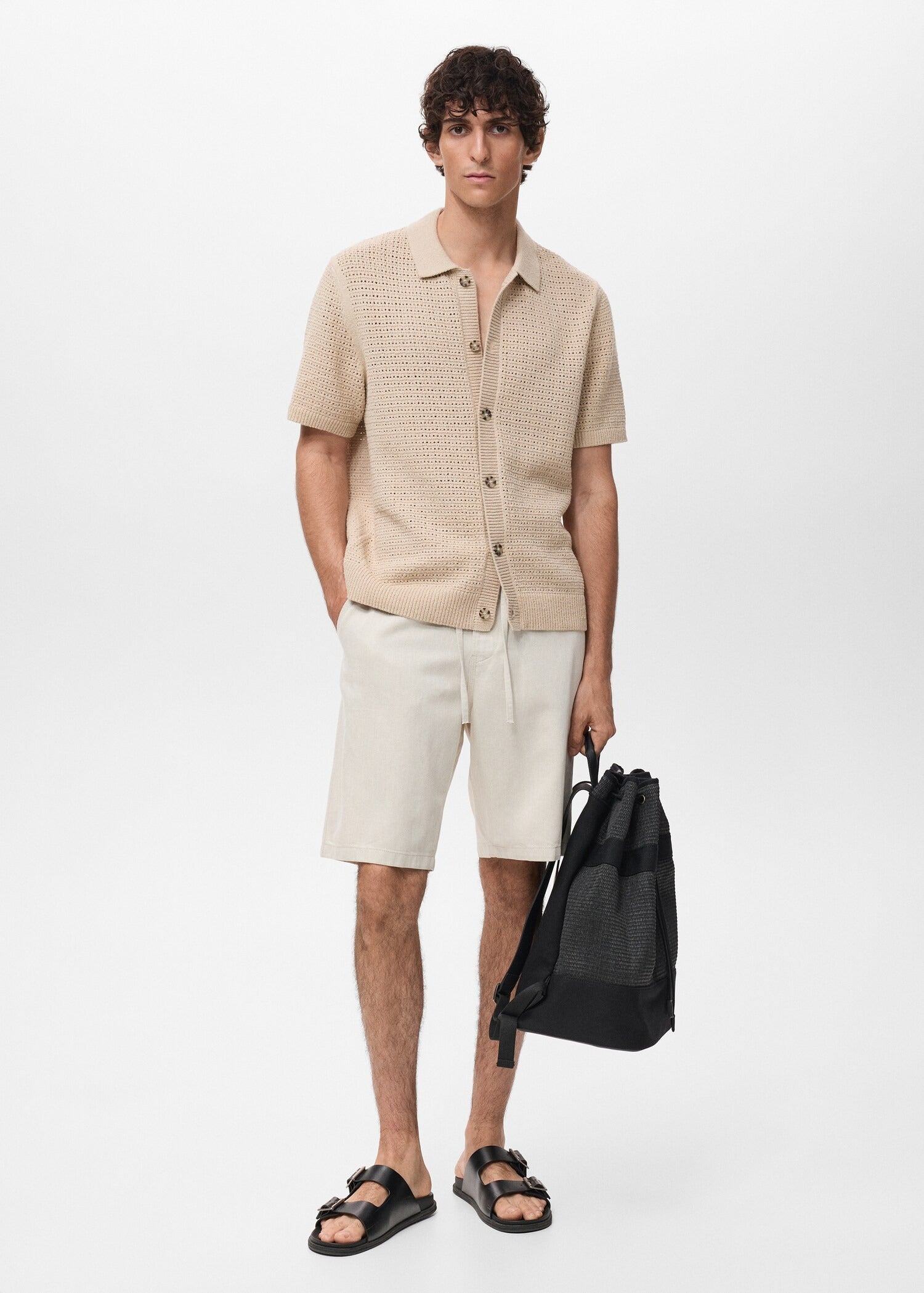 Camisa Polo em Crochê Malha Vazada - Bege