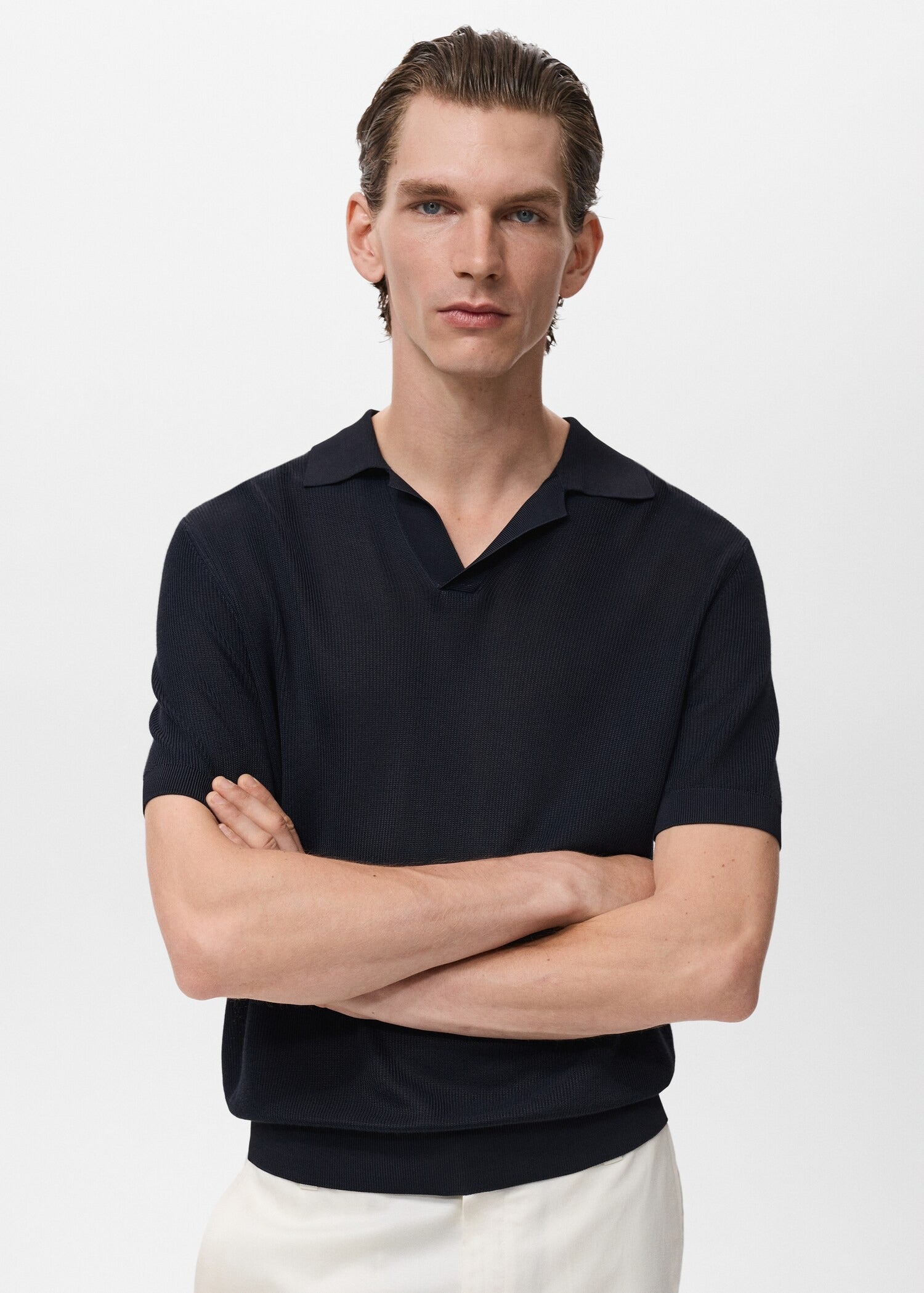 Camisa Polo em Tricô Texturizado - Azul marinho